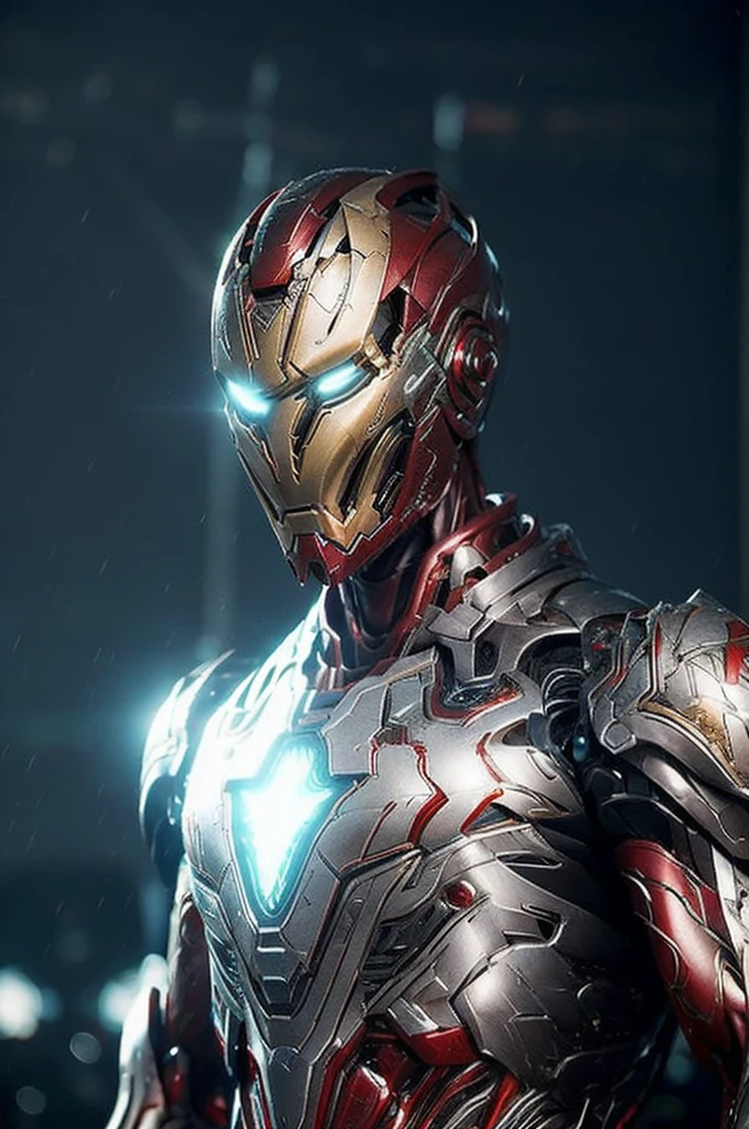 Iron Man Armor, complex patterns, heavy metal, power lines, faceless, Bright Eyes, elegant, intense, blood red and black, alone, modern, City, street, dark clouds, storm, downpour,
dramatic lighting,
(masterpiece: 1.2), best quality, High resolution, Beautiful detailed, Very detailed, perfect lighting,