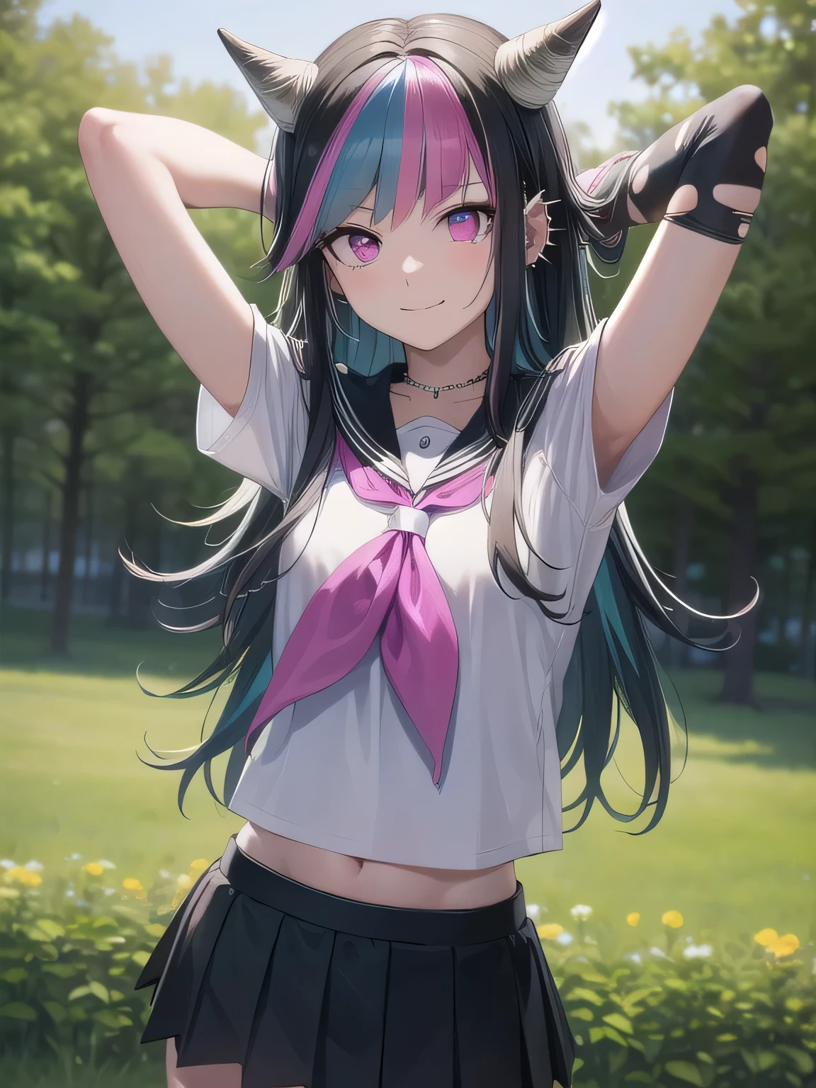 ibukimioda, ibuki mioda, black hair, blue hair, hair horns, ear piercing, lip piercing, long hair, multicolored hair, (pink eyes:1.5), pink hair, white hair,
BREAK asymmetrical legwear, black skirt, blue thighhighs, jewelry, mismatched legwear, neckerchief, necklace, piercing, pleated skirt, ring, , serafuku, shirt, skirt, thighhighs, torn clothes, torn thighhighs, zettai ryouiki,
looking at viewer, solo, night sky, forest, arms behind head, contrapposto, spread armpits, closed mouth, smile, upper body,
BREAK (masterpiece:1.2), best quality, high resolution, unity 8k wallpaper, (illustration:0.8), (beautiful detailed eyes:1.6), extremely detailed face, perfect lighting, extremely detailed CG, (perfect hands, perfect anatomy),