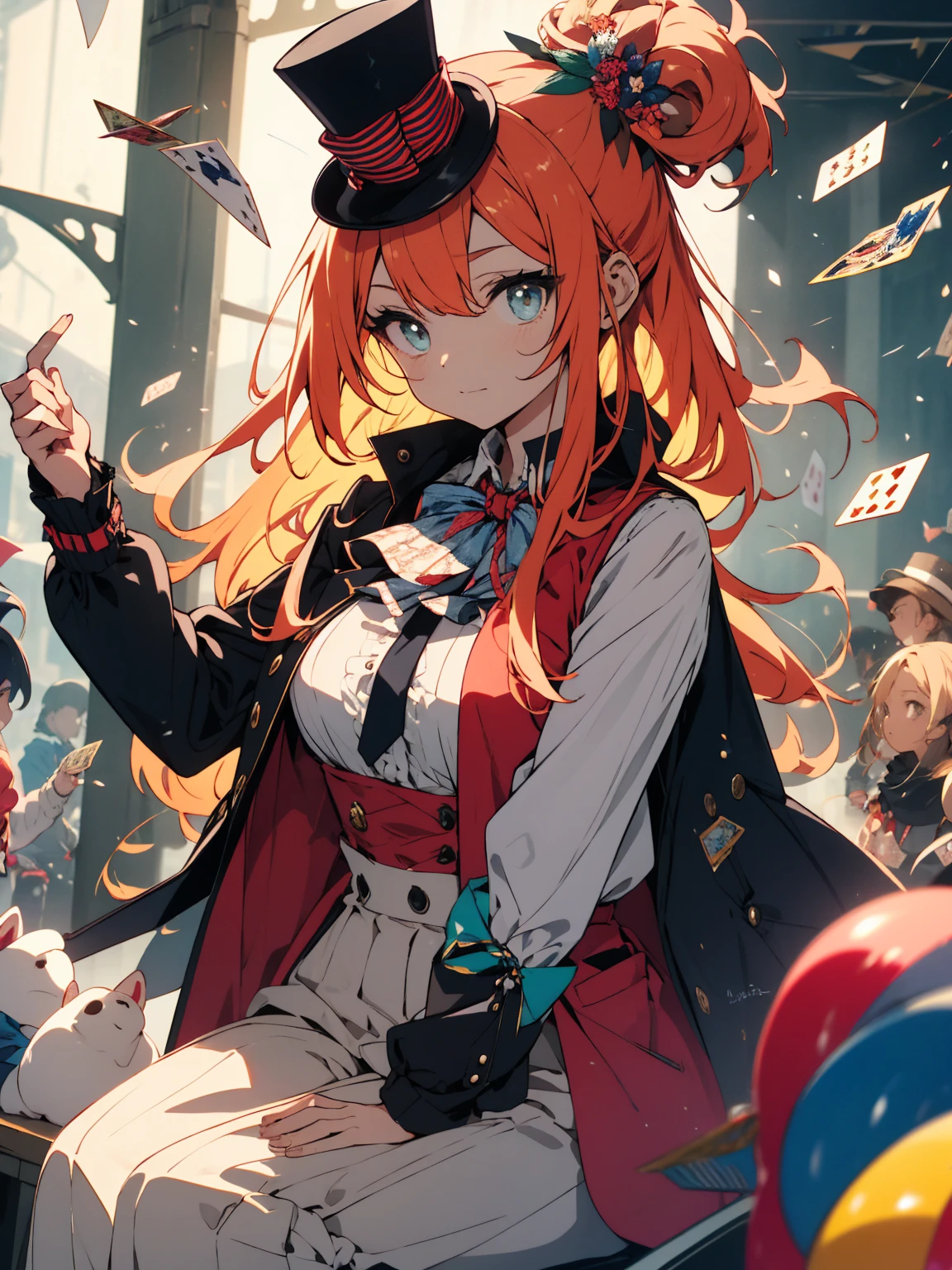 (highest quality、masterpiece、High resolution、be familiar with)、(shining eyes、be familiar with美しい顔)、1girl,
BREAK
//Fashions
Whimsical Tea Party Mad Hatter,
This costume captures the eccentricity and whimsy of the Mad Hatter character with a playful twist, Start with a colorful and mismatched ensemble featuring layers of eclectic fabrics and patterns, Pair a vibrant, oversized jacket or coat with a ruffled blouse and striped or polka-dot trousers for a whimsical look,
BREAK
Add quirky accessories such as mismatched socks, fingerless gloves, and a patterned bow tie or ascot, Top off the outfit with a whimsical top hat adorned with feathers, ribbons, and playing cards, and don’t forget the signature orange wig or wild hairstyle, Complete the look with colorful makeup, including bold eyeshadow, bright lipstick, and rosy cheeks, embodying the playful spirit of the Mad Hatter’s tea party,
BREAK
