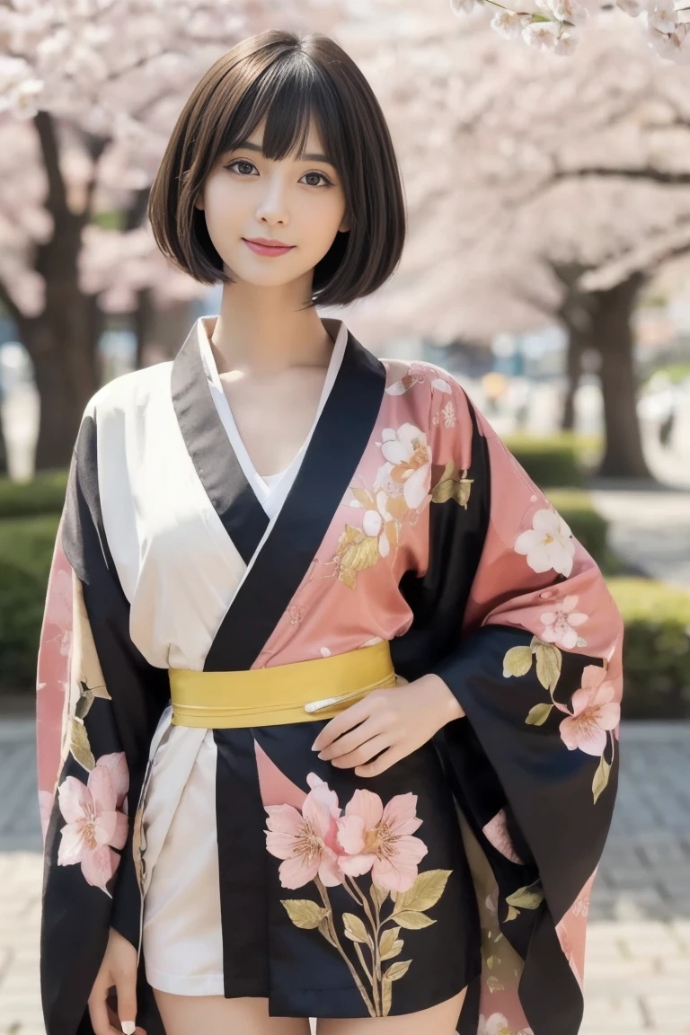 (((masterpiece, highest quality, Super detailed))), 1 female, (((very thin body))) , (((length, thin legs))), (((nice black short hair, thick and fluffy bangs ))), (((highly detailed face))), cosmetics free, small, thin nose, small thin mouth, (((Very sharp focused eyes))), Japanese, beautiful face, smile,(lifelike face), beautiful hairstyle, realistic eyes, fine and beautiful eyes, (real looking skin), beautiful skin, charm, ultra high resolution, surreal, high detail, golden ratio, (detail makeup:1.2),Not limited to the traditional colors of kimono、Consider a design that explores new color possibilities.。for example、Modern neon and contrasting colors、Or incorporate innovative colors inspired by different cultures.、Please come up with a new kimono design that overturns the conventional image of kimono.。(dynamic pose)、garden,cherry blossoms