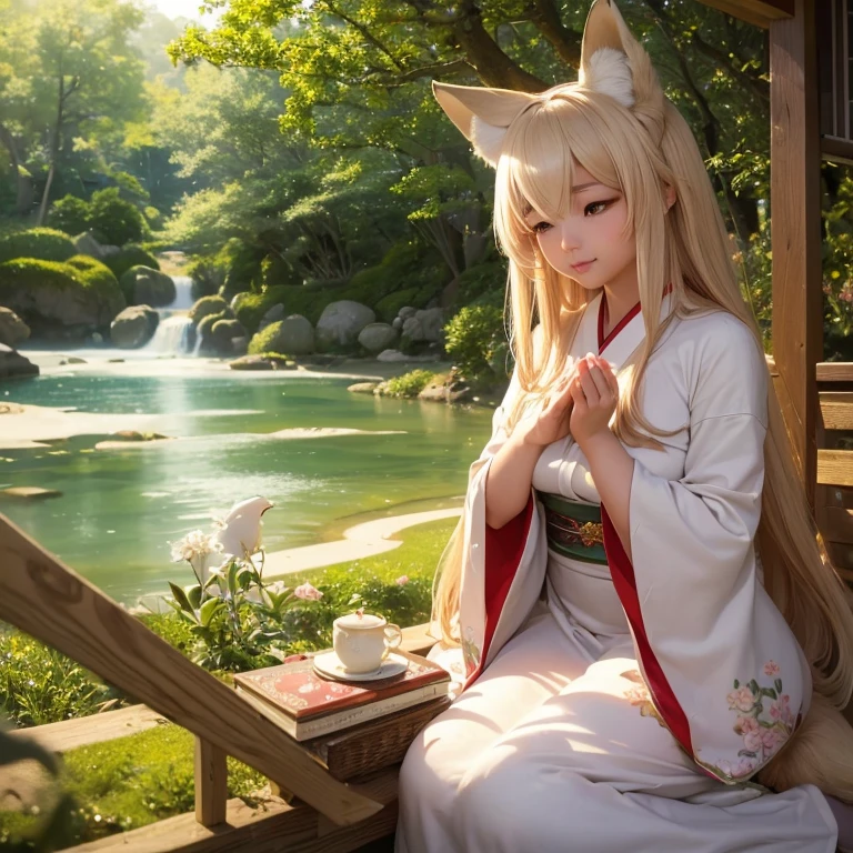 (best quality,4k,8k,highres,masterpiece:1.2),ultra-detailed,(realistic,photorealistic,photo-realistic:1.37),portraits,pastel colors,soft lighting,fantasy atmosphere,girl with fox ears and tail,peaceful garden setting,golden sunset,flowing cherry blossom trees,pagoda in the background,serene expression,traditional Japanese clothing,kawaii style,subtle makeup,divine aura,spiritual charm,gleaming fox mask,captivating gaze,delicate floral patterns,serene peacefulness,pure innocence,ethereal beauty,harmonious blend of nature and culture,gentle breeze rustling through the leaves,whisper of enchantment,symbol of tranquility]