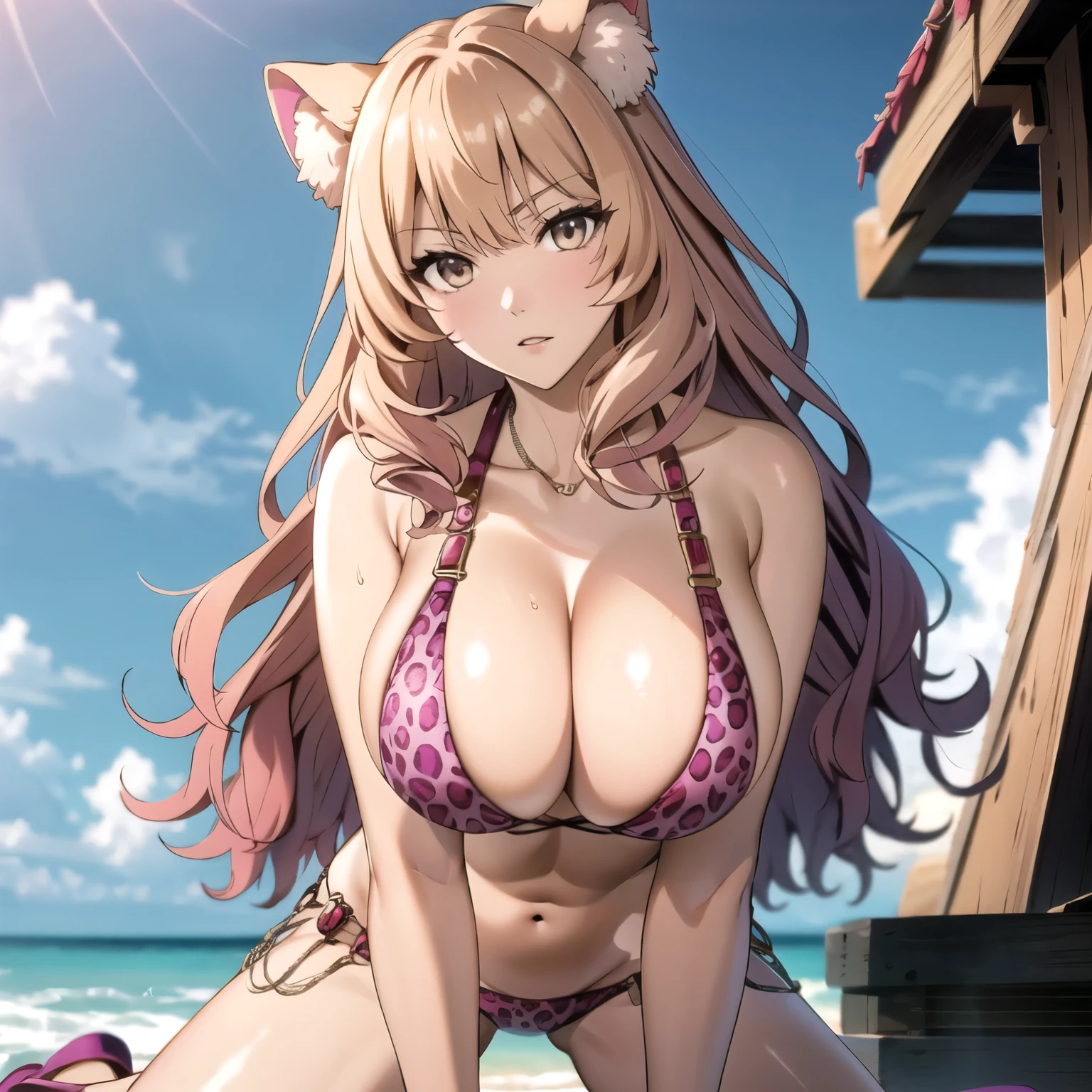 Raphtalia woman 24 years old straight golden blonde hair, orejas de oso, ojos rosados, piel morena, big breasts pink leopard print bikini, primer plano enfoque en su rostro.,  primer plano de su rostro, primer plano.