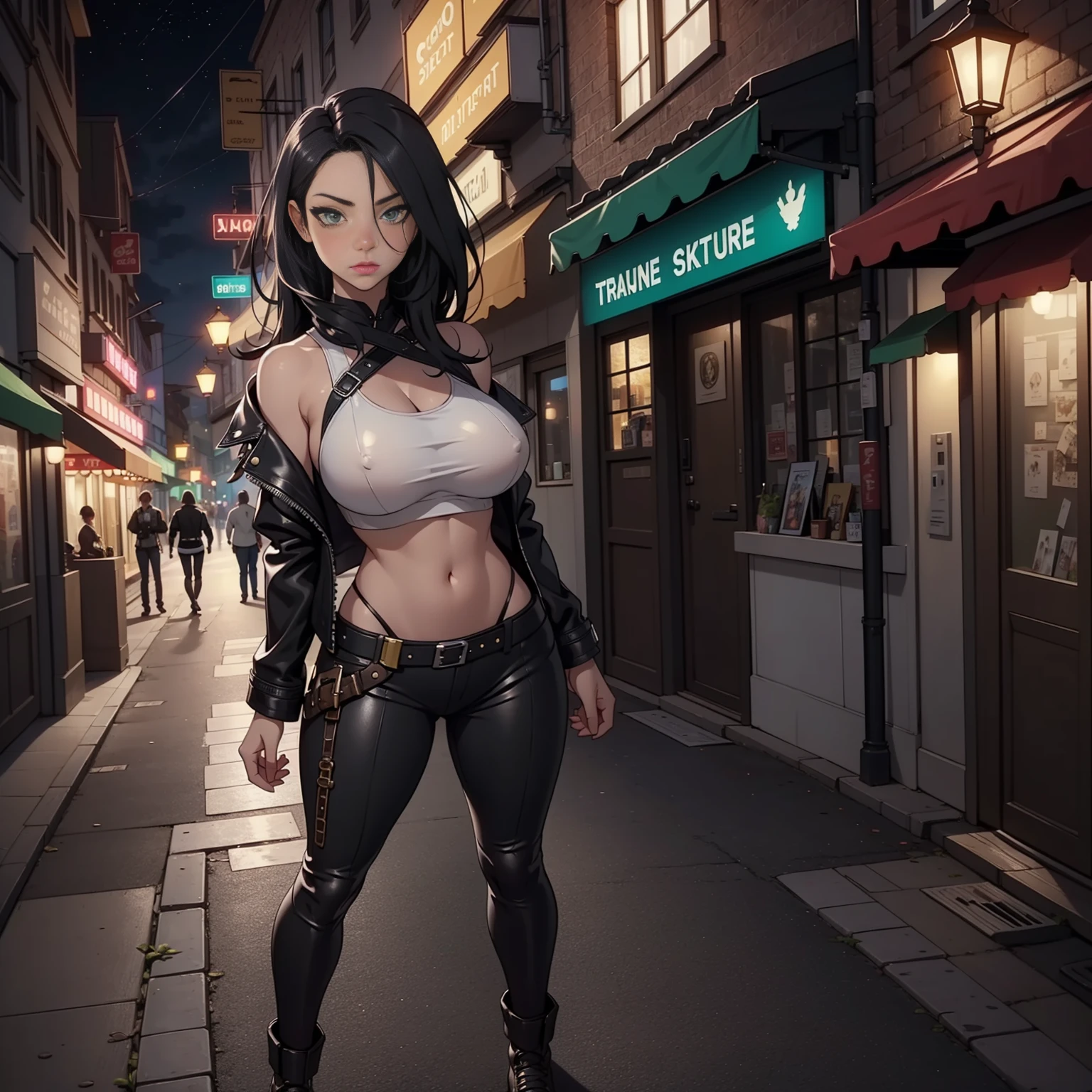 nude young female Vietnamese, young cute vampire, cybernetic fangs, black red and white dyed hair, dual braided hair, leather trench coat only, Photorealistic, city background, Realistic, Dramatic, Dark, Sharp Focus, 8k