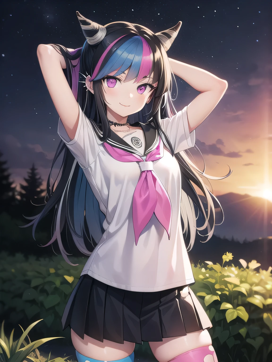 ibukimioda, ibuki mioda, black hair, blue hair, hair horns, ear piercing, lip piercing, long hair, multicolored hair, (pink eyes:1.5), pink hair, white hair,
BREAK asymmetrical legwear, black skirt, blue thighhighs, jewelry, mismatched legwear, neckerchief, necklace, piercing, pleated skirt, ring, , serafuku, shirt, skirt, thighhighs, torn clothes, torn thighhighs, zettai ryouiki,
looking at viewer, solo, night sky, forest, arms behind head, contrapposto, spread armpits, closed mouth, smile, upper body,
BREAK (masterpiece:1.2), best quality, high resolution, unity 8k wallpaper, (illustration:0.8), (beautiful detailed eyes:1.6), extremely detailed face, perfect lighting, extremely detailed CG, (perfect hands, perfect ???????),