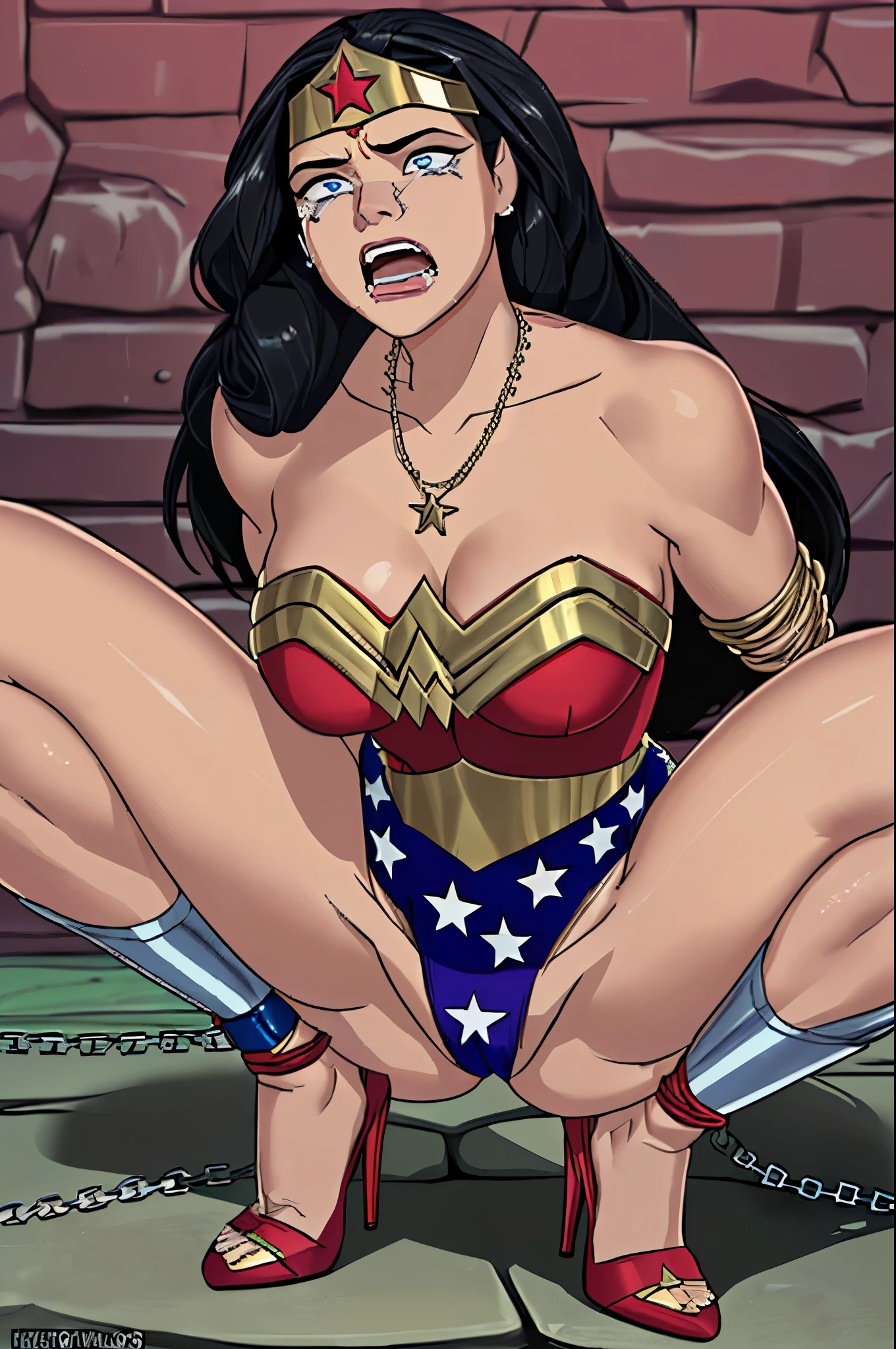 (((Mulher maravilha in the castle dungeon, hands tied above head))) (((muito Surrada, muito torturada, muito estuprada,muito humilhada,muito derrotada))),((SUPERHEROINE mulher maravilha IS A FILTHY OLD WHORE)), ((emotional expression,expression of pain and despair, gritando de dor, expression of suffering, olhos arregalados)),(Wonder Woman is squatting, on tiptoe), (She's crying a loa tem cabelo preto, ela tem cabelo longo)), ((She wears a thick metal necklace around her neck.)), (Ela esta vestindo roupas imorais, she is wearing indecent clothes), (obra-prima, melhor qualidade) 1.5, 1 garota, sozinho, (sexy, mulher bonita, rosto perfeito, olhos perfeitos), corpo inteiro. ((She is wearing starry lace panties)), tears running down your face)), ((WonderWoman in Strappado bondage, then by use of some method of attachment such as a rope or chain that runs from their wrists to a securing point above)), (((emotional expression,expression of pain and despair, gritando de dor, expression of suffering, olhos arregalados, expression of fear, corpo se contorcendo de dor))), ((She is wearing high heels stilettos))
