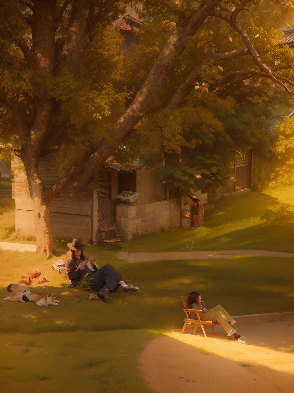 There is a dog sitting under a tree in the yard, by Ni Yuanlu, Lying under a tree on the farm, on a sunny day, People resting on the grass, background, Inspired by Kim Hong-do, Inspired by Wu Guanzhong, korean artist, afternoon time, nice environment, Korean Village