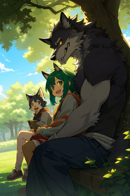 cover page, anime key visual, highres, top quality, best quality, paid reward available, High-quality illustrations, unparalleled masterpiece, perfect artwork, absurdres (heartwarming family scene)(in lush green park)(kemono werewolf father with werewolf in lap)perfect anatomy, sitting against a tree, parents smiling at , cheerful and relaxed atmosphere, bright sunny day, trees in the background, fan-created work shared on platforms Pixiv or Twitter, cinematic lighting, dynamic angle