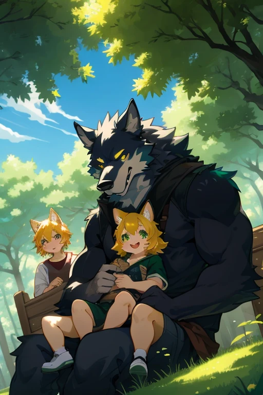 cover page, anime key visual, highres, top quality, best quality, paid reward available, High-quality illustrations, unparalleled masterpiece, perfect artwork, absurdres (heartwarming family scene)(in lush green park)(kemono werewolf father with werewolf in lap)perfect anatomy, sitting against a tree, parents smiling at , cheerful and relaxed atmosphere, bright sunny day, trees in the background, fan-created work shared on platforms Pixiv or Twitter, cinematic lighting, dynamic angle