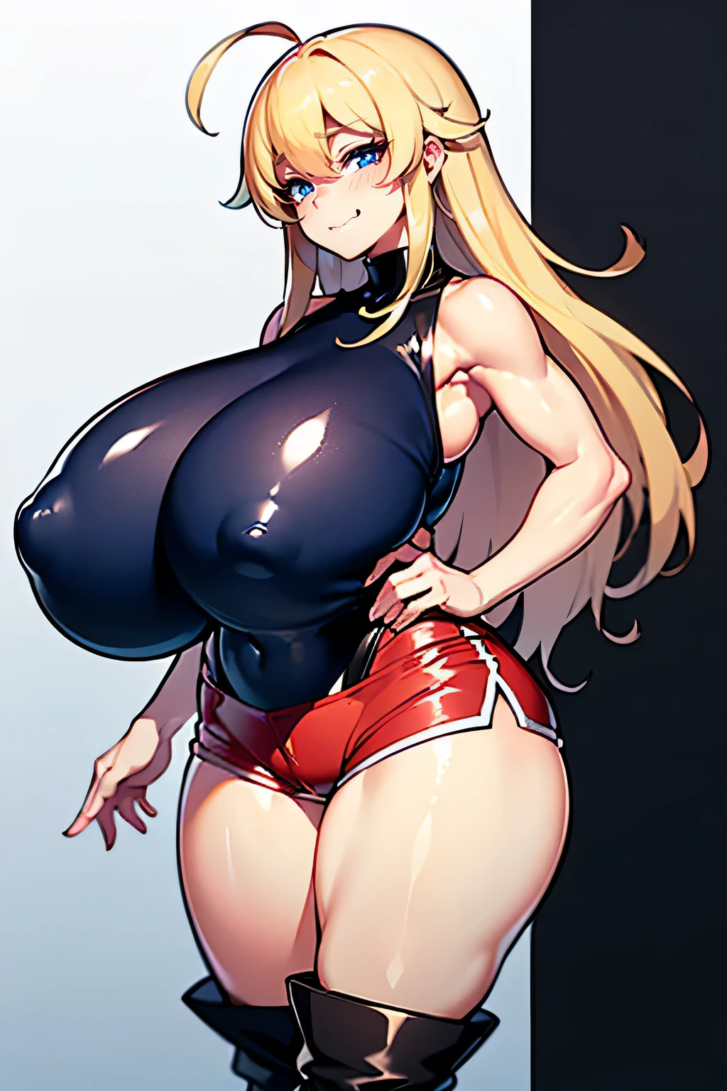((solo))、((highest quality))、((cute))、()、white background、(blonde)、long torso、length、Ahoge、(black sleeveless blouse)、(red shorts)、(huge breasts:1.6)、tights、((length boots))、(blue eyes)、sexy position、sexy face、thick tight、eyes are blue、big ass:1.6、I love you、with a girl、internal、standing、excellent physical shape、Ammatan type