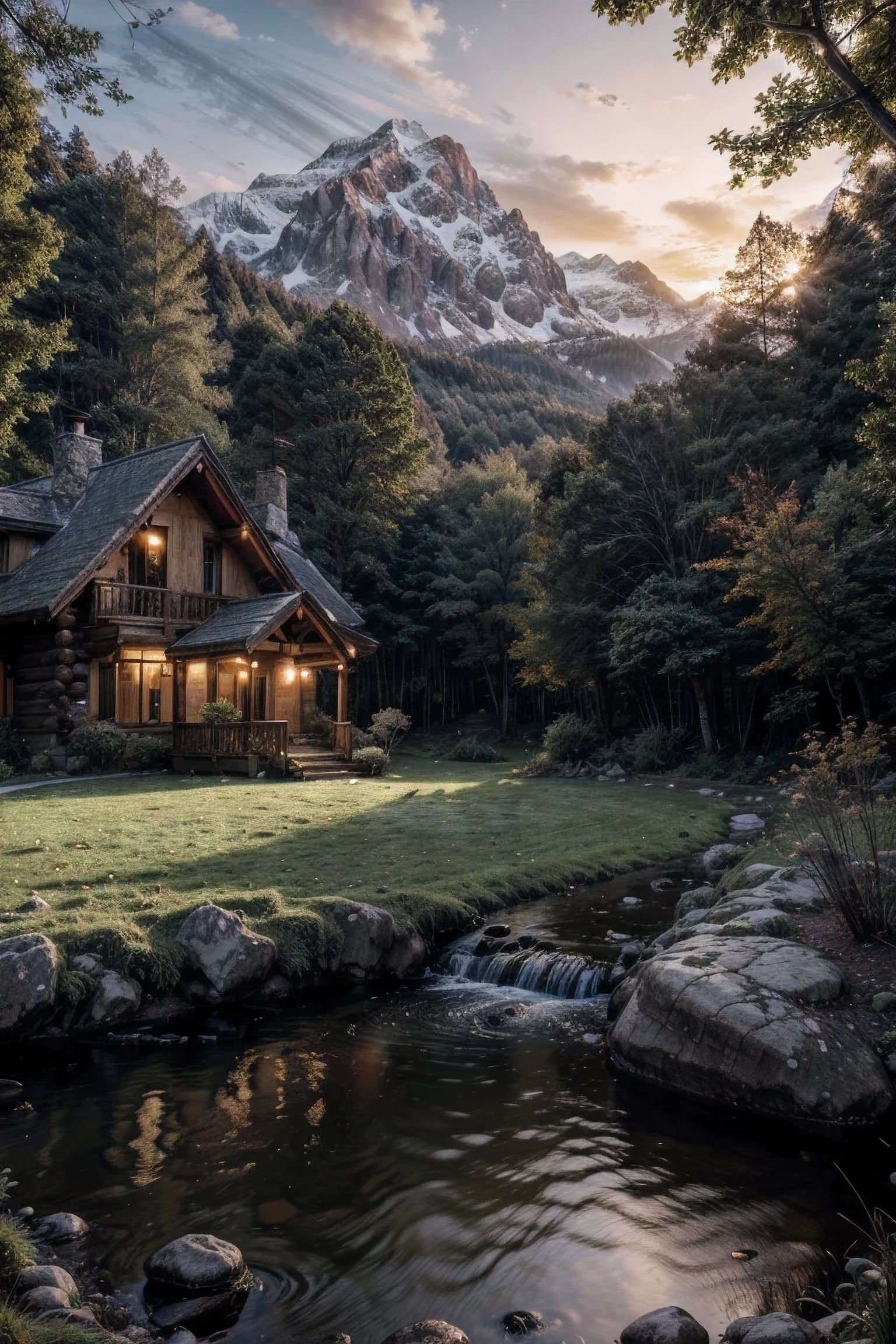 Masterpiece, (8k wallpaper) , (best quality), perfect quality, In the distance a thick forest with mountains, in the foreground a mushroom-shaped house and the windows are lit with orange light. Around this house there is grass with rocks and a small river.