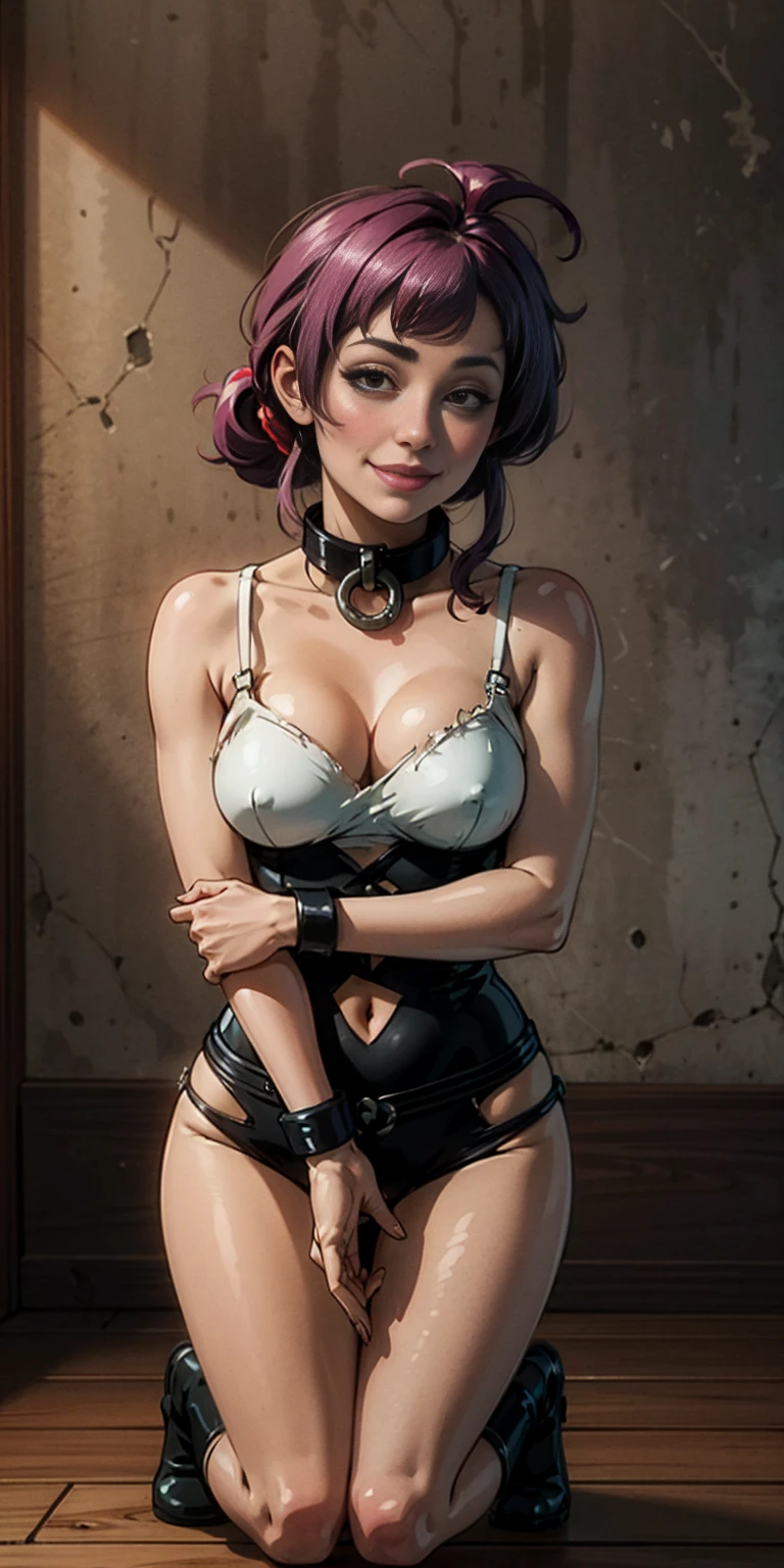 bondage girl,smirking smile red blush,torn apart,chain leash,Behind the hand, Kneeling,shackleDSM,high ponytails