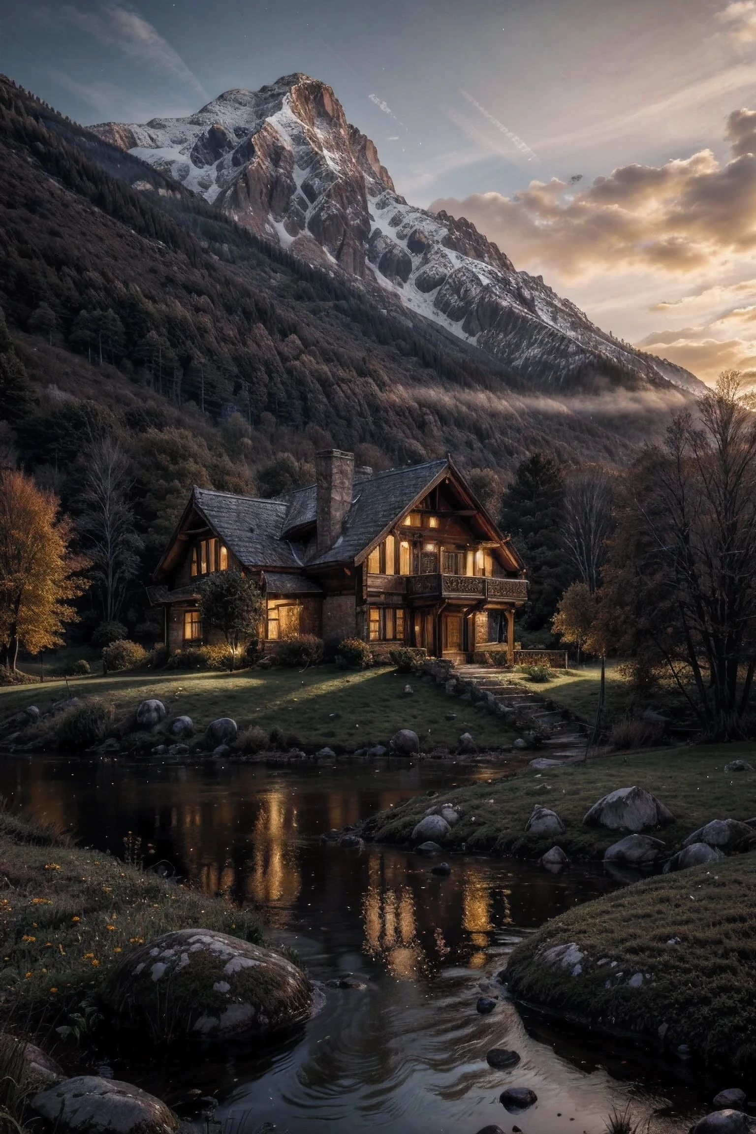 Masterpiece, (8k wallpaper) , (best quality), perfect quality, In the distance a thick forest with mountains, in the foreground a mushroom-shaped house and the windows are lit with orange light. Around this house there is grass with rocks and a small river.