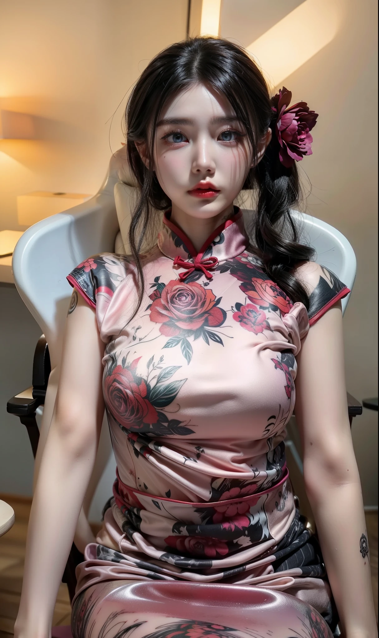 Detailed image quality，pandora witch，wing, succubus theme，堕落Angel，Excellent，scary，secret horror，tentacle，have eyes，uncanny valley effect，little beast blood moon，skeleton，vampire，Hellfire，Dark Queen，Angel，magician magic witch，16岁Angel，eyes are blue(Pupils as deep as the starry sky)，Gorgeous tattoo designs all over the body，tattoo queen，Wear cheongsam，tight clothes，sit on the chair