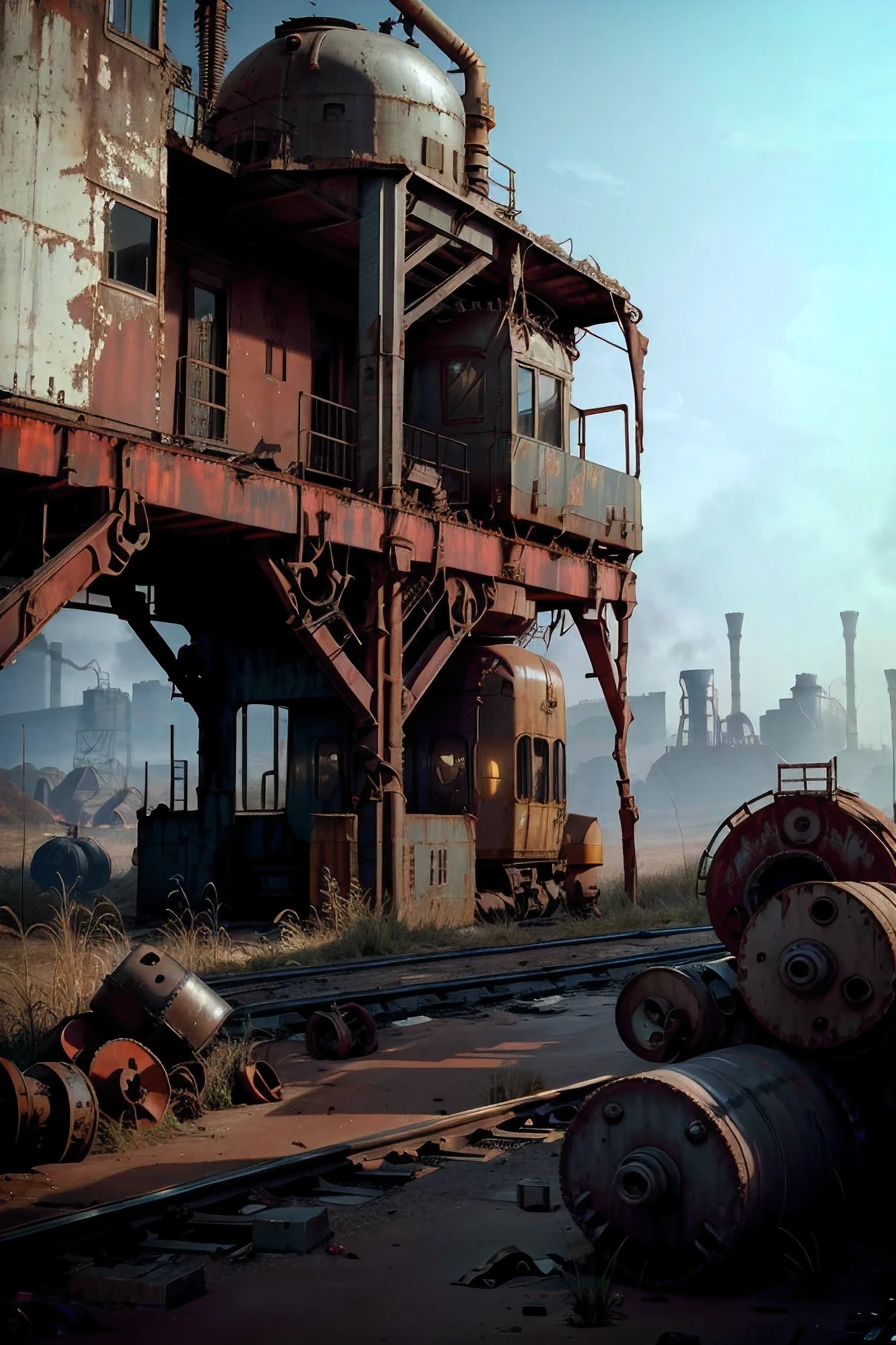 (photo focusing on abandoned industrial machinery), abandoned coal mine landscape, weathered machine, ((ruined trolley train, abandoned heavy equipment, industrial waste)), quiet, desolate, minimalist, industrial atmosphere, heavy equipment, spider web, dusty, eerie silence, crumbling walls, rust, overgrown vegetation, remnants of past activities, dark space, broken window, calm colors, mysterious atmosphere