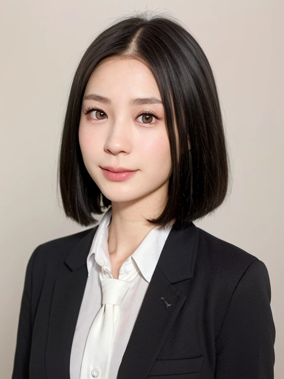 (kawaii 18 year-old Japanese highschool girl, Nogizaka idol, Korean idol), (glossy black hair, very short hair, symmetric hair length, even hair length:1.3), (forehead), (rounded face, black eyes, single eyelid, no makeup, no expression:1.2), (wearing Japanese school uniforms, blazer jacket, collared shirt, necktie:1.3), flat chest, extra small breasts, (looking at viewer:1.2), BREAK, (simple white background:1.3), (view from straight forward, portrait,  id photo, close shot:1.3), face focus, BREAK, (masterpiece, best quality, photo realistic, official art:1.4), (UHD, 8K quality wallpaper, high resolution, raw photo, golden ratio:1.2), (shiny skin), professional lighting, physically based rendering, award winning, (perfect anatomy, highly detailed skin, extremely detailed face and eyes), Carl Zeiss 85 mm F/1.4, depth of field, 1girl, solo,