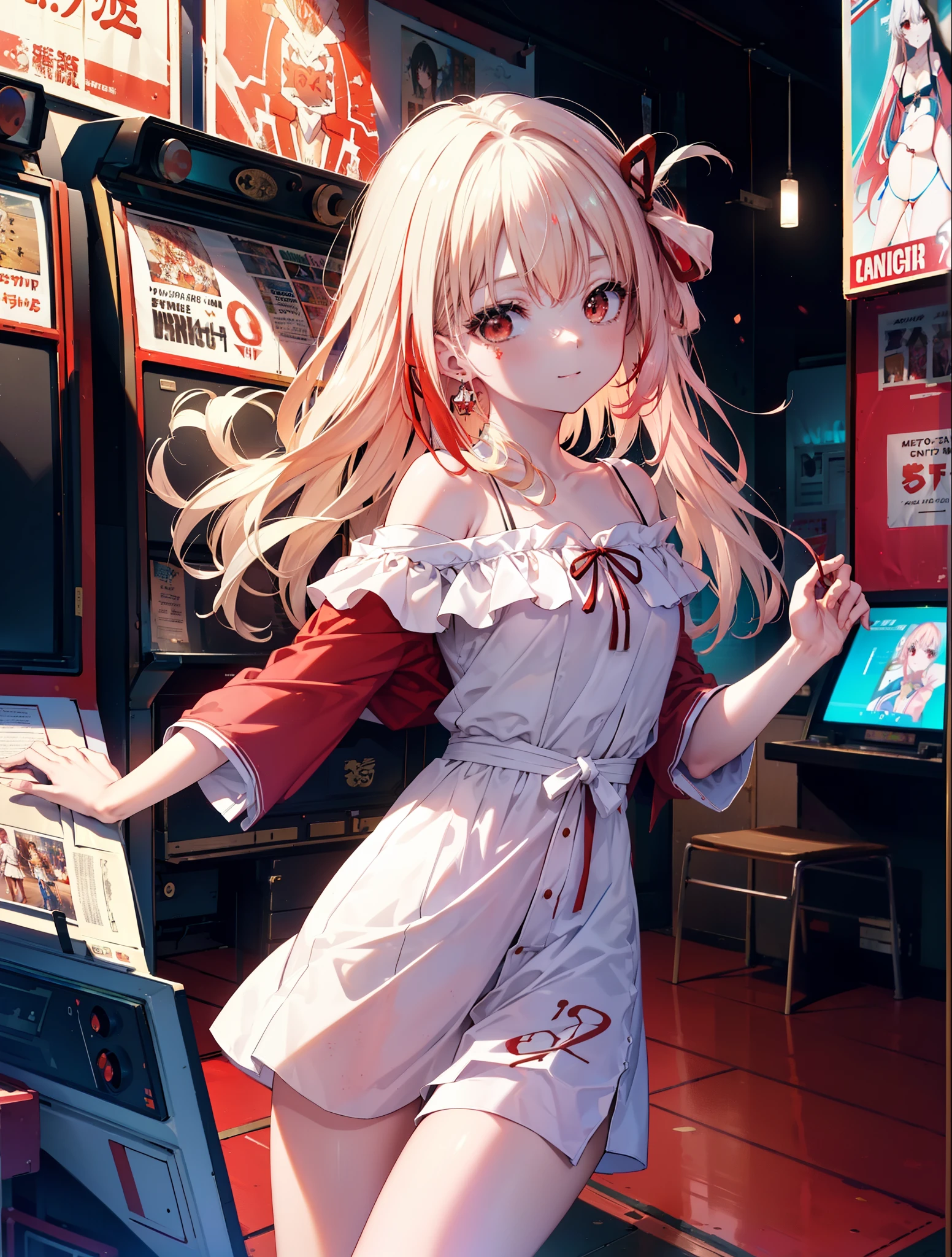 chisatonishikigi, nishikigi chisato, bangs, blonde hair, (red eyes:1.5), hair ribbon, one side up, long hair,happy smile, smile, open your mouth,off shoulder dress,shorts,short boots,足を組んでChairに座っている, game_center, scenery, arcade cabinet, Chair, poster (object), indoor ,s4g4m1,
break outdoors, city,
break looking at viewer, (cowboy shot:1.5),
break (masterpiece:1.2), highest quality, High resolution, unity 8k wallpaper, (shape:0.8), (fine and beautiful eyes:1.6), highly detailed face, perfect lighting, Very detailed CG, (perfect hands, perfect anatomy),