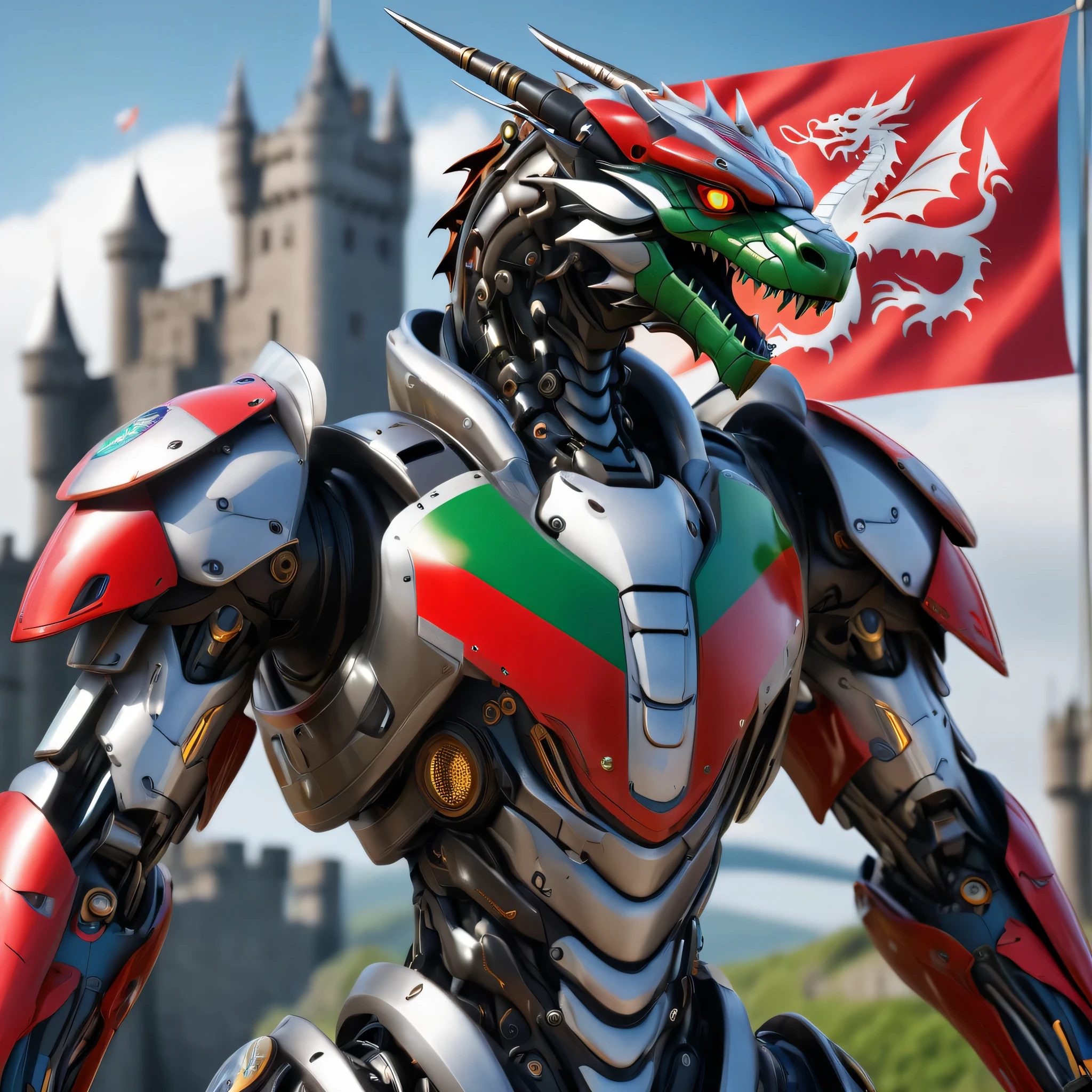 an ultra detailed, hiper realism, digital art, of a mecha dragon, definited eyes, with in an elegant wales flag colors in your cyborg armor with mechanic parts and cyborg helmet and caernarfon castle on background , sci-fi armor, super detailed armor, carbon textures, ghost in the shell, deus ex, full body shot, action pose, ultra sharp focus, award winning photography, perfect contrast, high sharpness, depth of field, ultra detailed photography, global illumination, smooth, 18mm, full body vision, ultra high definition, 8k, unreal engine 5, ultra sharp focus, award winning photography, trending on artstation