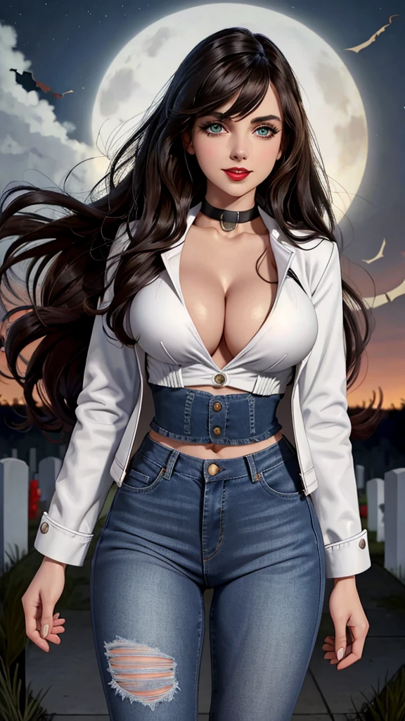Woman, white skin, green eyes, black hair, wavy hair, straight hair, bangs, long hair, hair in the wind, cemetery at night, tight jeans, black boots, very low-cut blouse, white blouse, open jacket, red jacket, horror , great cleavage, smiling, looking at camera, red lips, athletic, bats in the sky, scary atmosphere, frontal shot. Alison Brie.