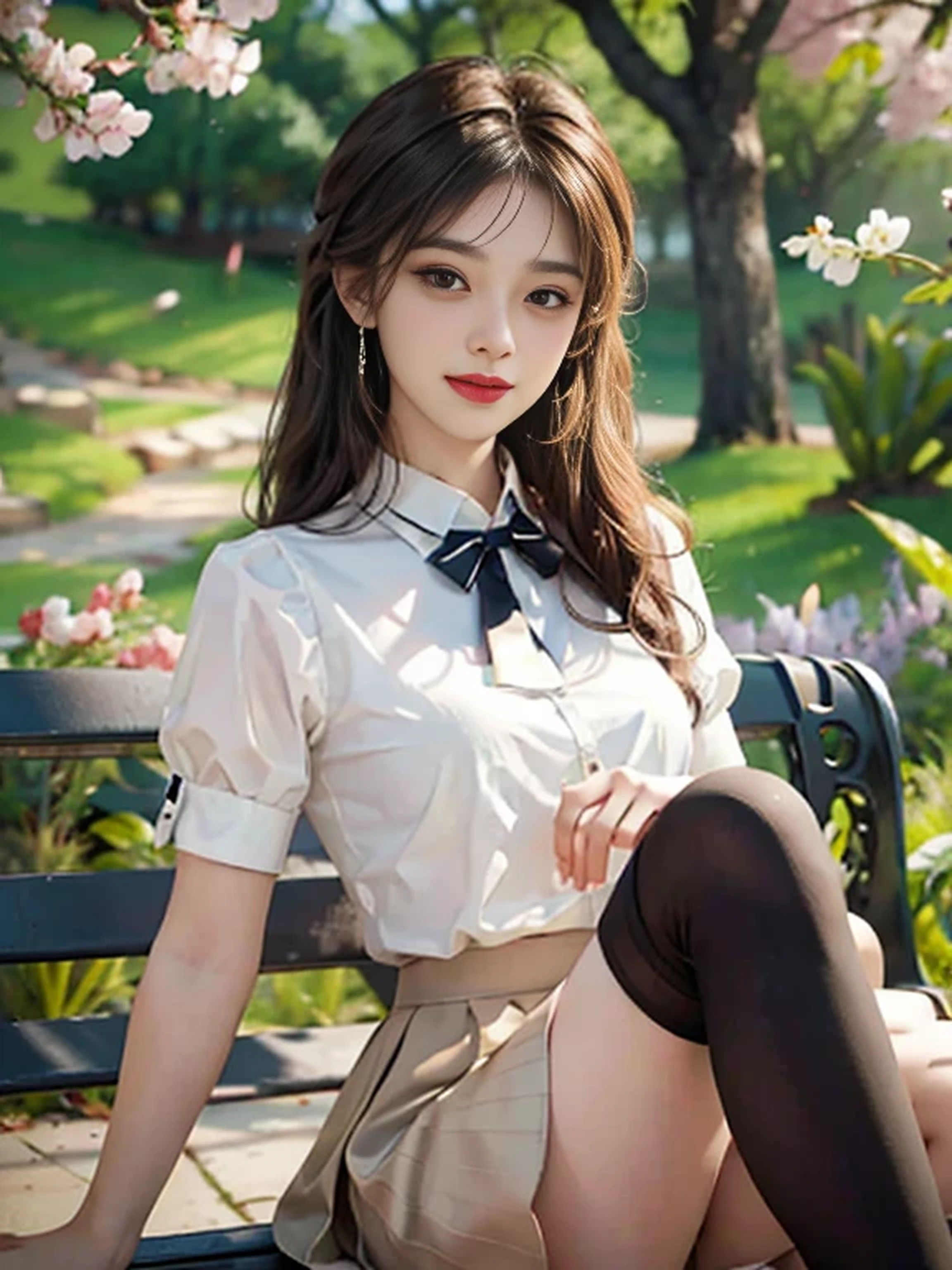 ((whole body)), ((from below)), ((sitting on a park bench)), ((realistic)), 1 girl, looking at viewer, detailed scene, straight hair, air bang, beautiful hair accessories, brownish yellow hair, ((white colored blouse, short black tight skirt, neck bow tie, high heel)), (Campus Style), warm lighting, warm color palette, More details, very detailed, (masterpiece, best quality), (Very detailed and beautiful work), delicate earrings, delicate necklace, simple blurred background, extreme detail description, Ultra-fine painting, delicate face, slim body, (smile, tooth exposure), (anatomy correct), Big and attractive breasts, stockings, Cherry Blossom
