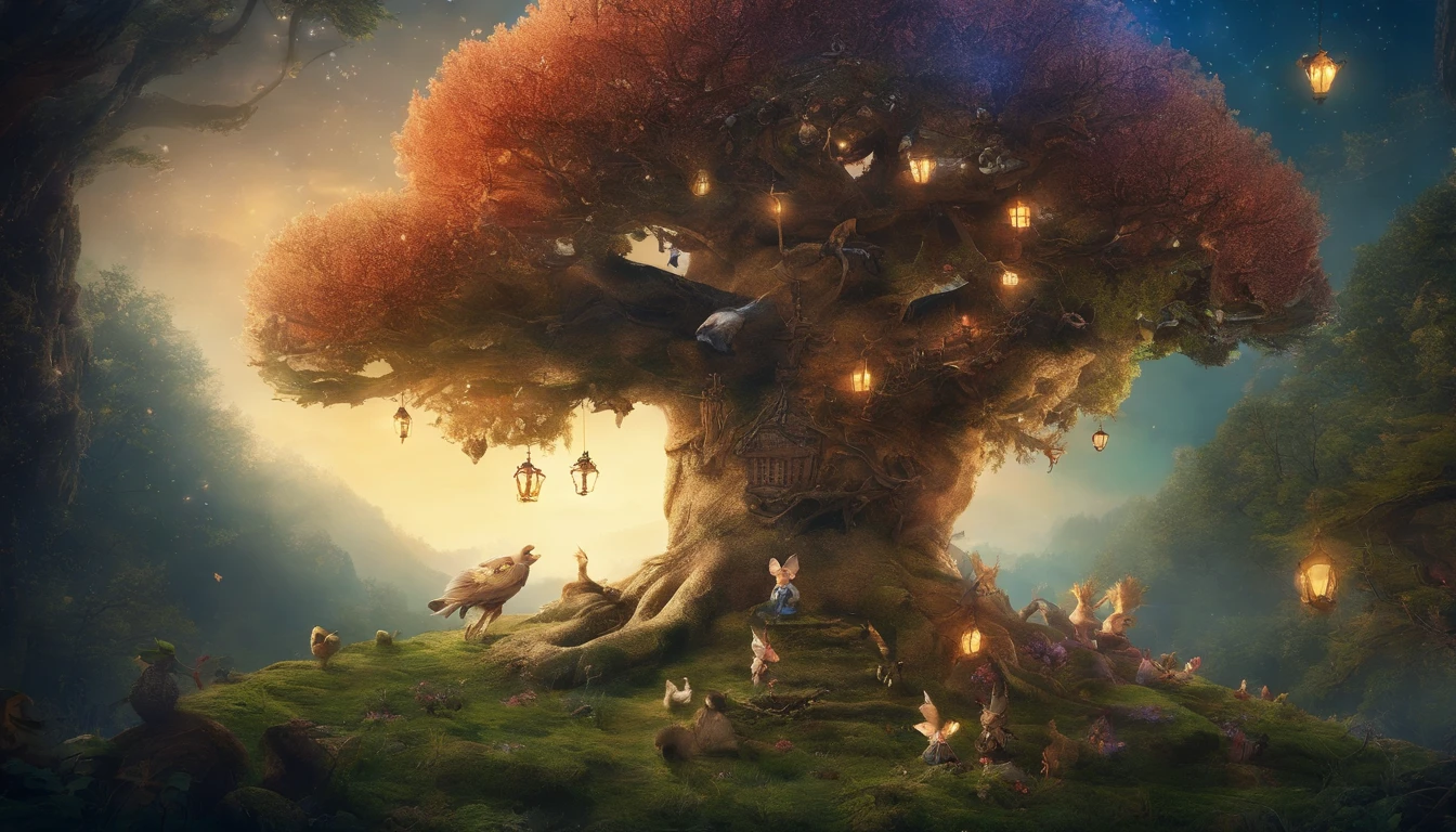 In the mysterious forest at midnight、one big tree、Many strange little animals dressed in wizard clothes are standing on two legs and looking up at a big tree。very cute、fantasy、assembly、award-winning, table top, highest quality, High resolution, photographっぽい、Very realistic、 very realistic、photograph、one person perspective、super detail、high detail、8K、