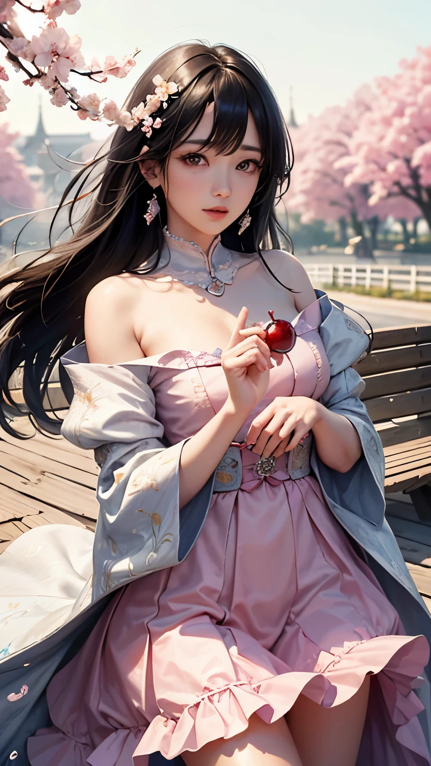 (logo、masterpiece、8K、table top、Raw photo、wonderful、最high quality、フォトリアリスティックでvery detailedな CG 統合 8k 壁紙、high quality、very detailed、Narrative poem、particle effects、dynamic effects、written boundary depth、cinematic light、Lens flare、ray tracing)、fantasy、 (1 beautiful woman、dress、dress、cherry blossom pattern、black haired、beautiful face、real face、beautiful details eyes beautiful skin)、髪がWindで踊る、Hair flutters in Wind、hair bounces、pink cherry tree、petals dance、SakuraFubuki、wonderful景色、sunrise、sun on background、Wind、