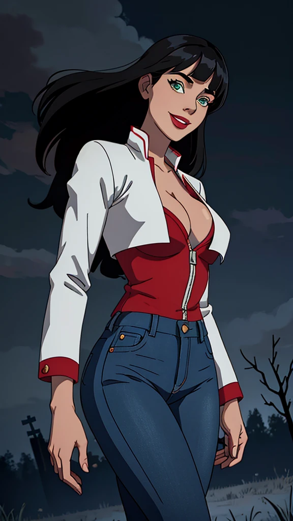 Woman, white skin, green eyes, black hair, wavy hair, straight hair, bangs, long hair, hair in the wind, cemetery at night, tight jeans, black boots, very low-cut blouse, white blouse, open jacket, red jacket, horror , great cleavage, smiling, looking at camera, red lips, athletic, bats in the sky, scary atmosphere, frontal shot. Alison Brie.