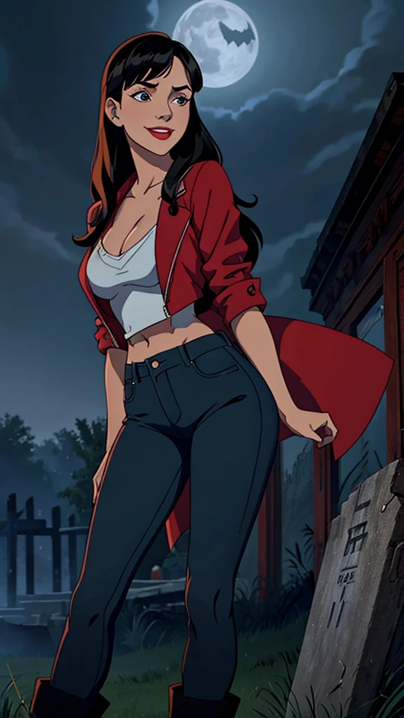 Woman, white skin, green eyes, black hair, wavy hair, straight hair, bangs, long hair, hair in the wind, cemetery at night, tight jeans, black boots, very low-cut blouse, white blouse, open jacket, red jacket, horror , great cleavage, smiling, looking at camera, red lips, athletic, bats in the sky, scary atmosphere, frontal shot. Alison Brie.