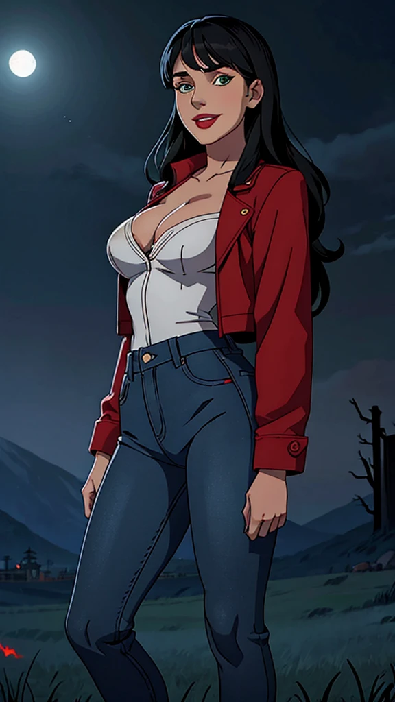 Woman, white skin, green eyes, black hair, wavy hair, straight hair, bangs, long hair, hair in the wind, cemetery at night, tight jeans, black boots, very low-cut blouse, white blouse, open jacket, red jacket, horror , great cleavage, smiling, looking at camera, red lips, athletic, bats in the sky, scary atmosphere, frontal shot. Alison Brie.
