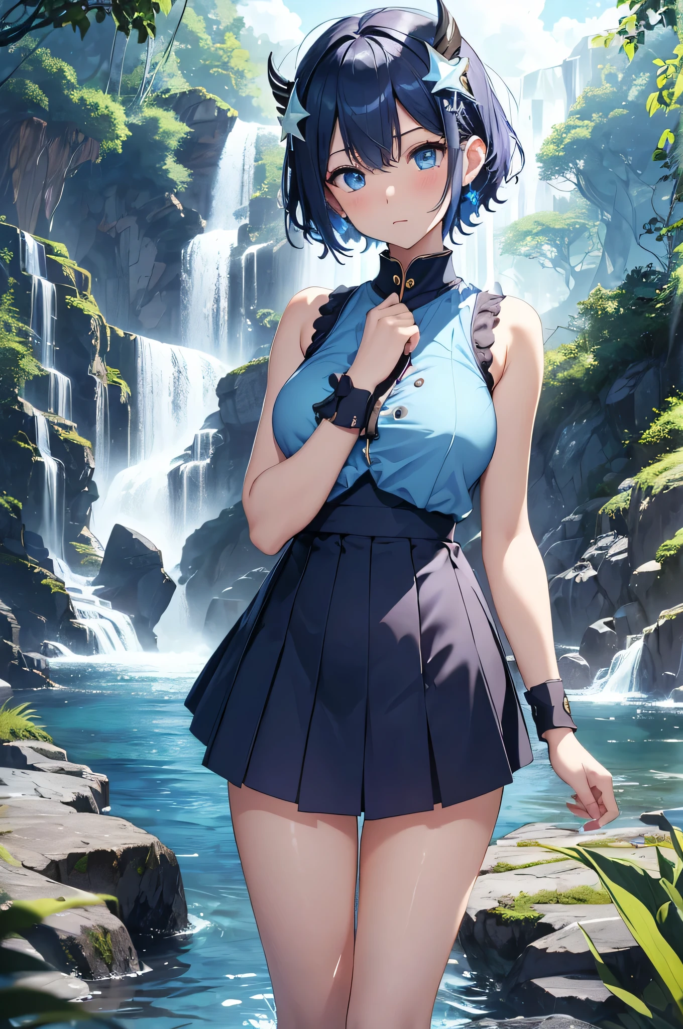 最high quality、best image quality、masterpiece、Curvy but slender body、perfect eyes, perfect face,exact number of fingers、Exact number of legs、Exact number of arms、with a girl((18-year-old、vest bust、bust 95,beautiful blue eyes、1 girl、Milking(self)、expose one's chest、produce breast milk、inverted nipples、beautiful big breasts(erect nipples:1)、sexy look、big breasts, 、high socks、Light blue and short hair、Slender、big valley、Light blue and black open-necked T-shirt,navy short skirt、Show the whole body、black wristband on wrist、star-shaped hair ornament、red face、Slippery texture、Aura of water、Drain water from hands))high quality、beautiful art、With background((clear blue sky、Tornado in spring water、Water Waterfall、Water tornado、Strong water flow、water dragon)))table top、visual art、Depth of the bounds written、