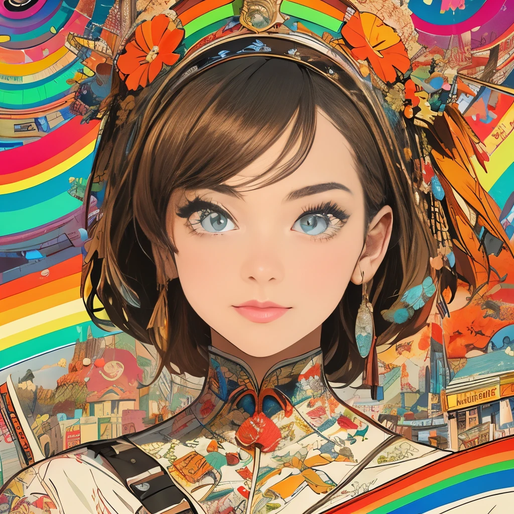 (masterpiece, highest quality), 32k,(highly detailed beautiful woman), poster,SF,1960s,1970s,bauhaus, shape, abstract, advertisement,movie 映画のposter, vintage,retro,futuristic,anime,The ultimate map,Perfect rainbow,highlight,highly detailed eyes,