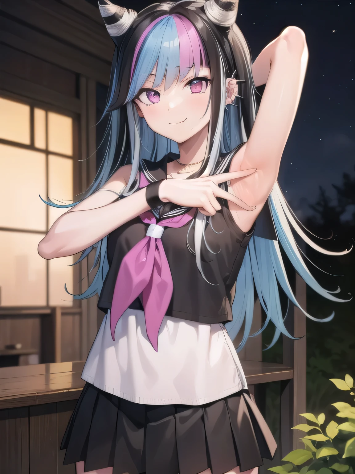 ibukimioda, ibuki mioda, black hair, blue hair, hair horns, ear piercing, lip piercing, long hair, multicolored hair, (pink eyes:1.5), pink hair, white hair,
BREAK asymmetrical legwear, black skirt, blue thighhighs, jewelry, mismatched legwear, neckerchief, necklace, piercing, pleated skirt, ring, , serafuku, shirt, skirt, thighhighs, torn clothes, torn thighhighs, zettai ryouiki,
looking at viewer, solo, night sky, forest, arms behind head, contrapposto, spread armpits, closed mouth, smile, upper body,
BREAK (masterpiece:1.2), best quality, high resolution, unity 8k wallpaper, (illustration:0.8), (beautiful detailed eyes:1.6), extremely detailed face, perfect lighting, extremely detailed CG, (perfect hands, perfect anatomy),