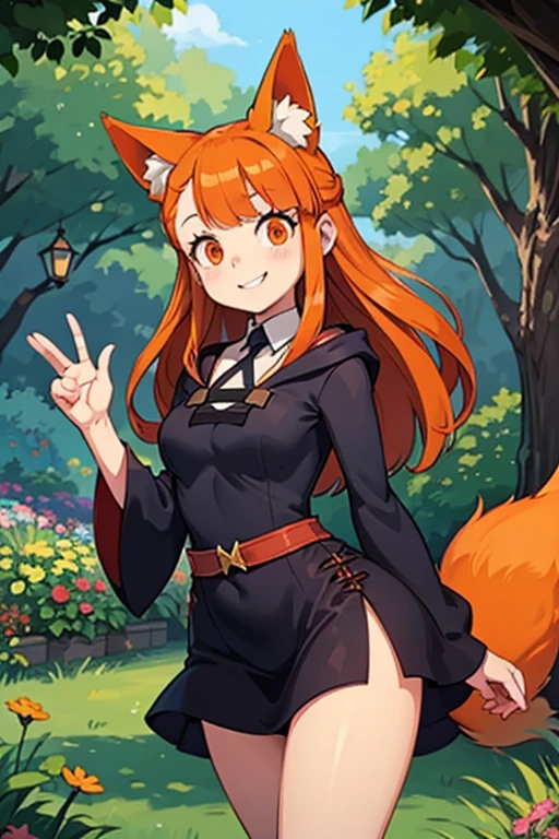 An orange haired female witch with copper eyes and hourglass figure with orange fox ears and an orange fox tail in a conservative lolita witch dress is smiling in a magical garden