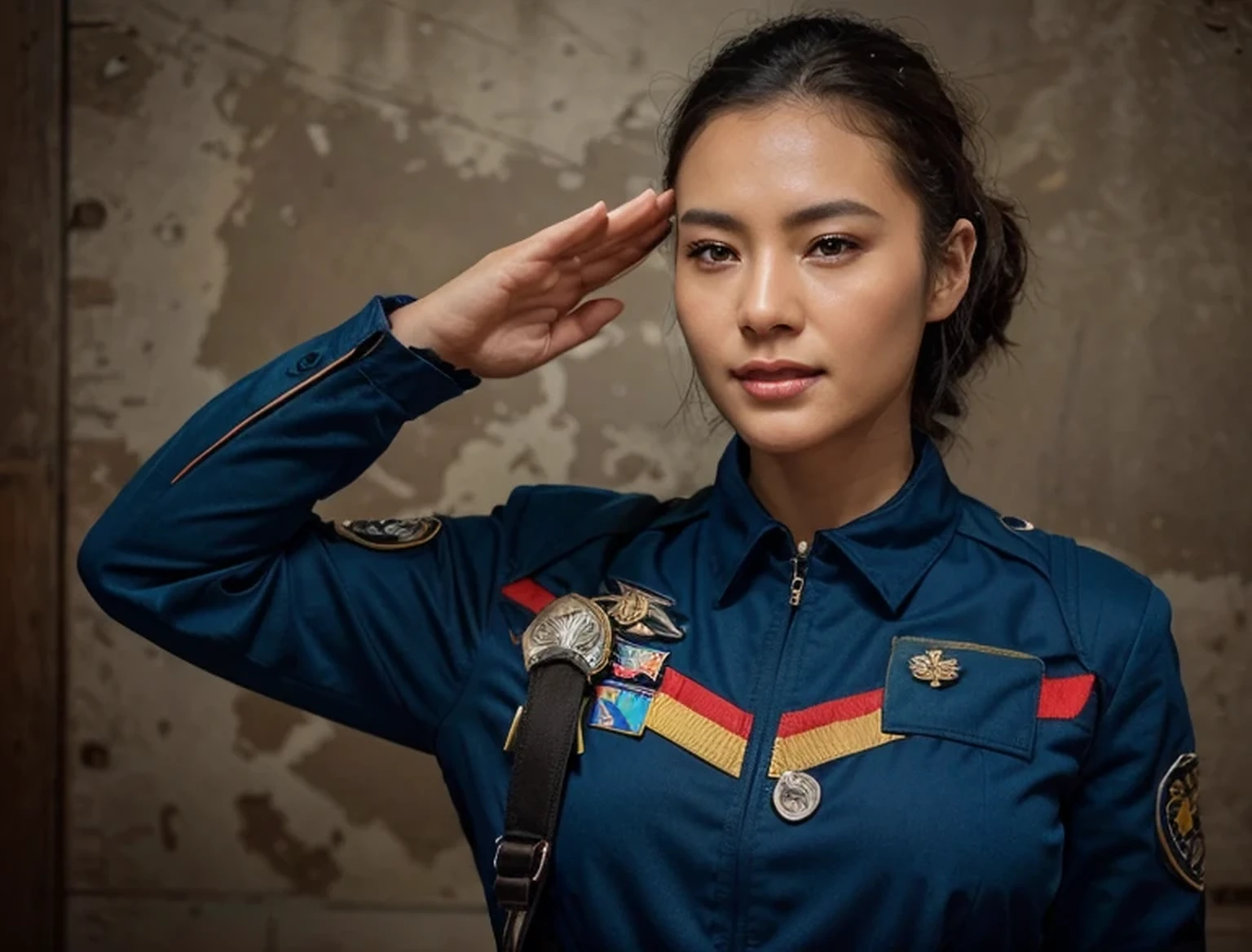 beautiful woman soldier, face of a beautiful Chinese woman, flirtatious expression, black hair short military style cut, Chinese blue airforce overalls Russian commander, is doing a military salute, is in a military office, flag of china, ultra Realistic, ultra detailed, hyper Realistic, 4k , ultra detailed image, Realistic, highly detailed, perfect composition, beautiful, Intricately detailed, incredibly detailed, 8 k artistic photography, hyper detailed, ultra Realistic masterpiece, ultra detailed, hyper Realistic, 4k, ultra detailed image, Realistic , highly detailed, perfect composition, beautiful, Intricately detailed, incredibly detailed, 8 k artistic photography, hyper detailed, masterpiece