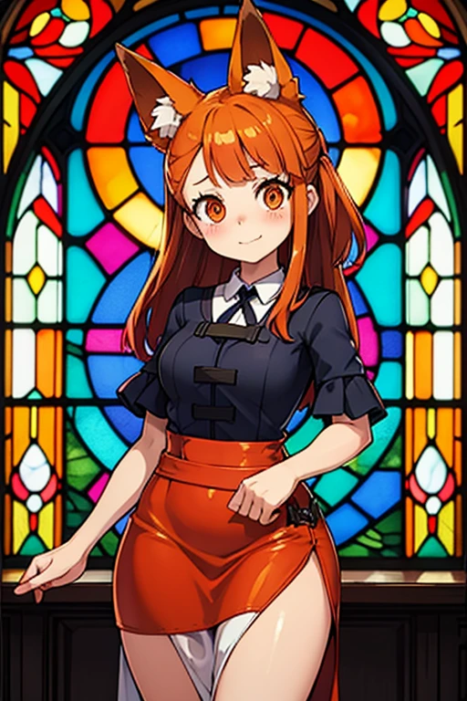 An orange haired female witch with copper eyes and hourglass figure with orange fox ears and an orange fox tail in a conservative lolita witch dress is blushing in front of a stained glass window
