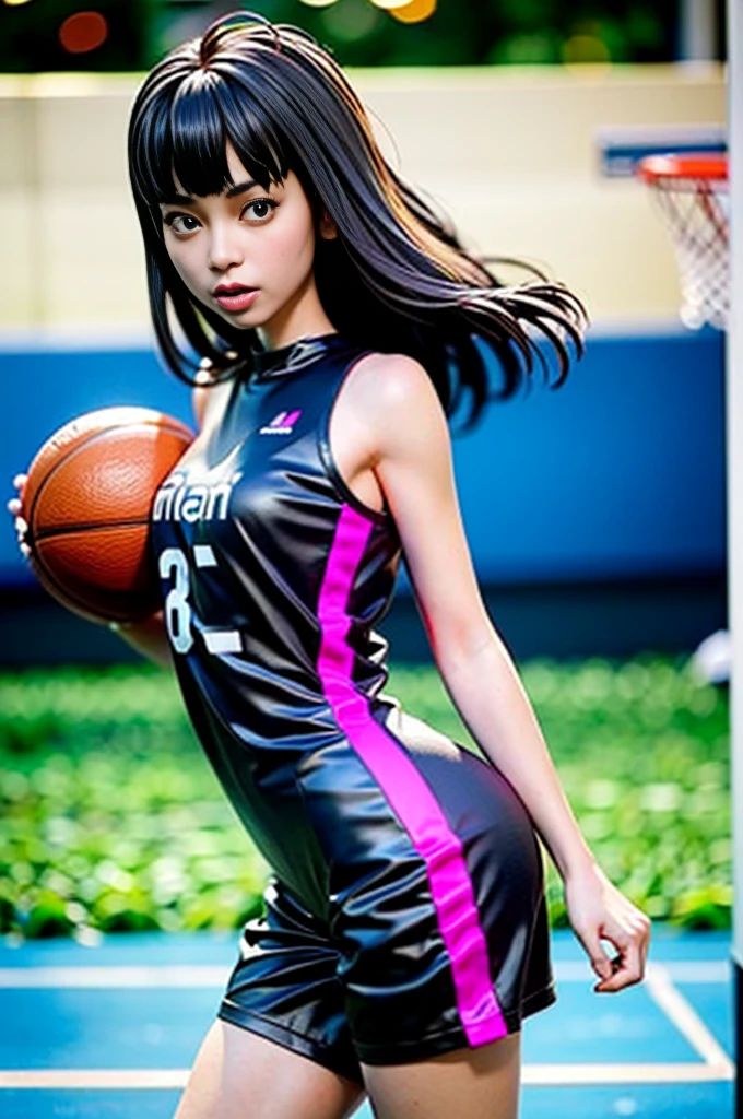 (8k, Best Quality, Masterpiece: 1.2), (Realistic, Photorealistic: 1.37), Super Detailed, Best Quality, Super High Resolution, Professional Lighting, Photon Mapping, Radiosity, Physically Based Rendering, Cinematic Lighting , basketball court, depth of field, focus, sun rays, good composition, (bokeh: 1.2), 1 girl, (whole body), (closed mouth), beautiful eyes, pose, constriction, basketball uniform, black hair , messy hair, long hair blowing in the wind,(ulzzang-6500:1.2) mix4, hiqcgbody