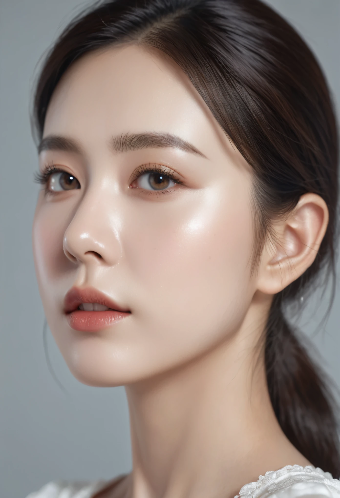 ((Best Quality, 8K )), A young cute profile woman, photorealistic, portrait, ultra realistic, high detailed, high detailed skin, high quality, white dress,high detailed skin, high quality, delicate eyes, double eyelids,