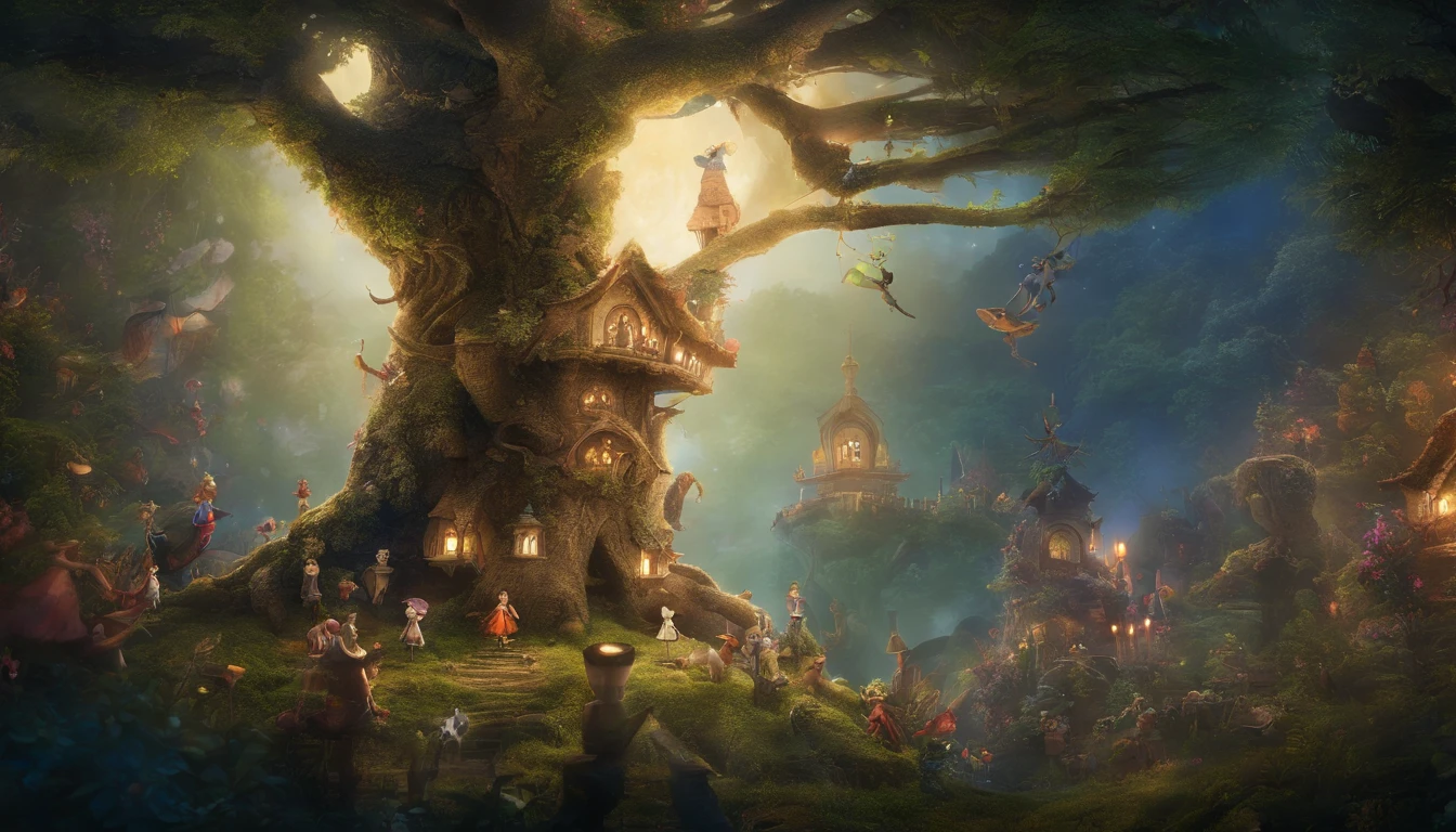 In the mysterious forest at midnight、one big tree、Many strange little animals dressed in wizard clothes are standing on two legs and looking up at a big tree。very cute、fantasy、assembly、award-winning, table top, highest quality, High resolution, photographっぽい、Very realistic、 very realistic、photograph、one person perspective、super detail、high detail、8K、