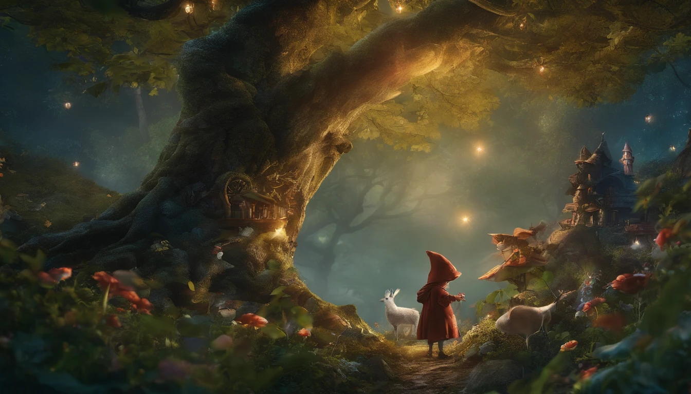 In the mysterious forest at midnight、one big tree、Many strange little animals dressed in wizard clothes are standing on two legs and looking up at a big tree。very cute、fantasy、assembly、award-winning, table top, highest quality, High resolution, photographっぽい、Very realistic、 very realistic、photograph、one person perspective、super detail、high detail、8K、