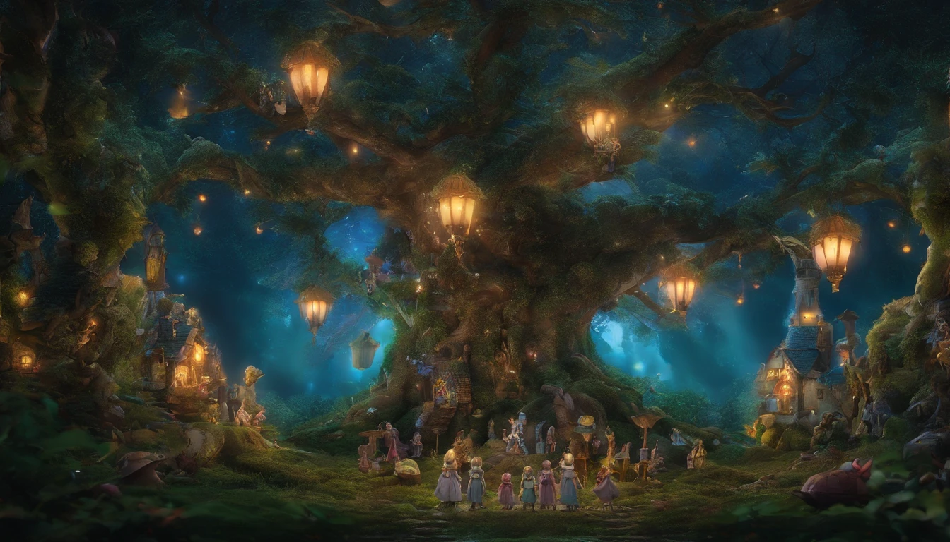 In the mysterious forest at midnight、one big tree、Many strange little animals dressed in wizard clothes are standing on two legs and looking up at a big tree。very cute、fantasy、assembly、award-winning, table top, highest quality, High resolution, photographっぽい、Very realistic、 very realistic、photograph、one person perspective、super detail、high detail、8K、