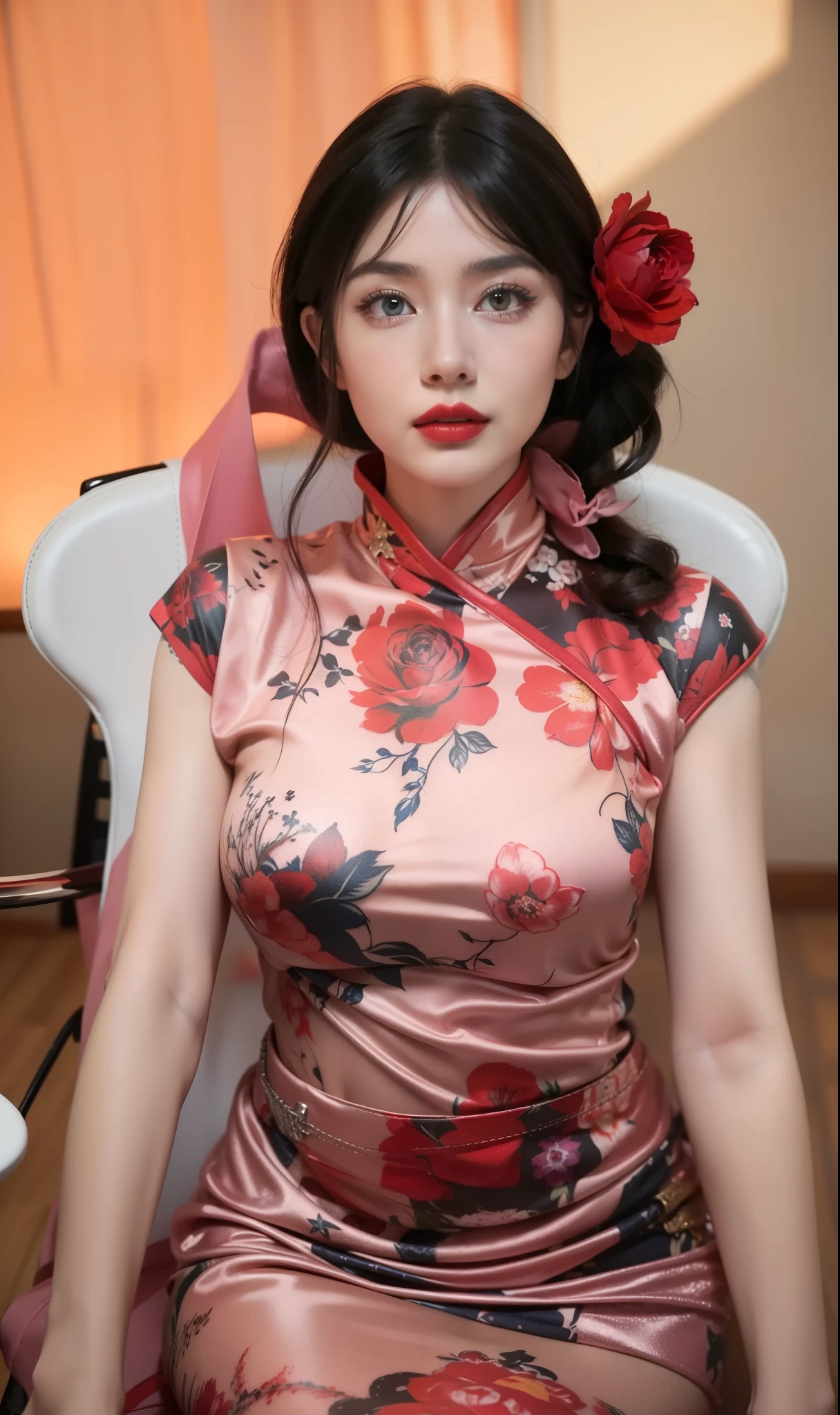 super detailed, Detailed face, Realistic style photos, movie stock photography ,  rich and colorful, surreal, Realistic texture, dramatic lighting, film alembic 800 (8K, original photo, better quality, masterpiece: 1.2), super detailed, (highly refined skin: 1.2), 8K Ultra HD, SLR camera, soft light, high quality， ice queen, Elf Princess, ice castle，blue pupils，Apply red lipstick，Tattoos all over the body，tattoo queen，sit on the chair