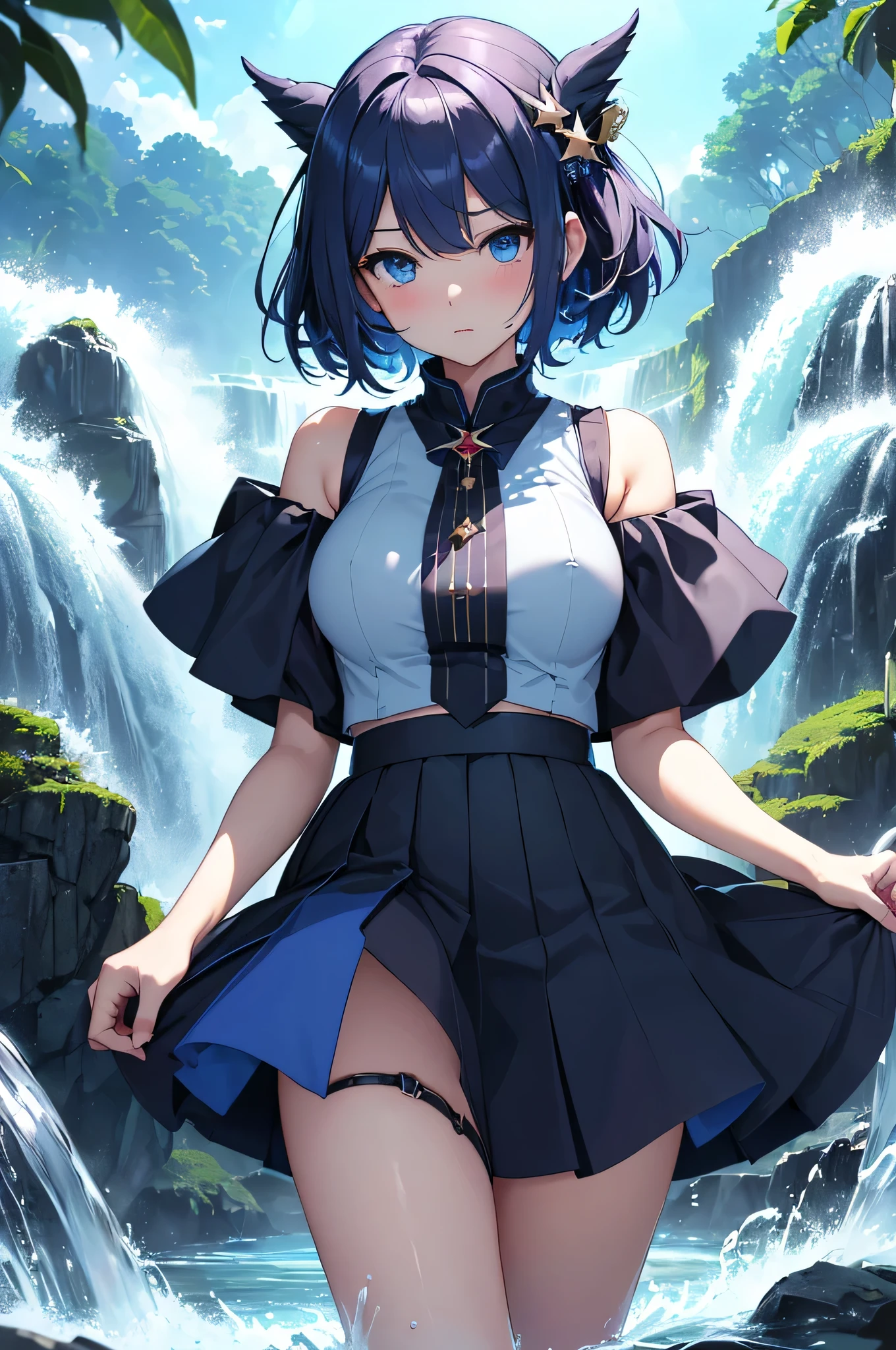 最high quality、best image quality、masterpiece、Curvy but slender body、perfect eyes, perfect face,exact number of fingers、Exact number of legs、Exact number of arms、with a girl((18-year-old、vest bust、Bust 105,beautiful blue eyes、1 girl、Milking(self)、expose one's chest、produce breast milk、inverted nipples、beautiful big breasts(erect nipples:1)、sexy look、big breasts, 、high socks、Light blue and short hair、Slender、big valley、Light blue and black open-necked T-shirt,navy short skirt、Show the whole body、black wristband on wrist、star-shaped hair ornament、red face、Slippery texture、Aura of water、Drain water from hands))high quality、beautiful art、With background((clear blue sky、Tornado in spring water、Water Waterfall、Water tornado、Strong water flow、water dragon)))table top、visual art、Depth of the bounds written、