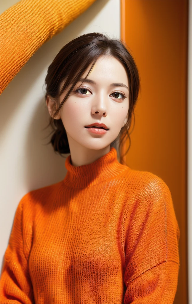 photo of a beautiful woman, in a (small room:1.2), wear (Orange sweater:1.2), (8K, original photo, best quality, depth of field, ultra high resolution:1.2), (Ridiculous, complex, lifelike, masterpiece, Super detailed:1.3)