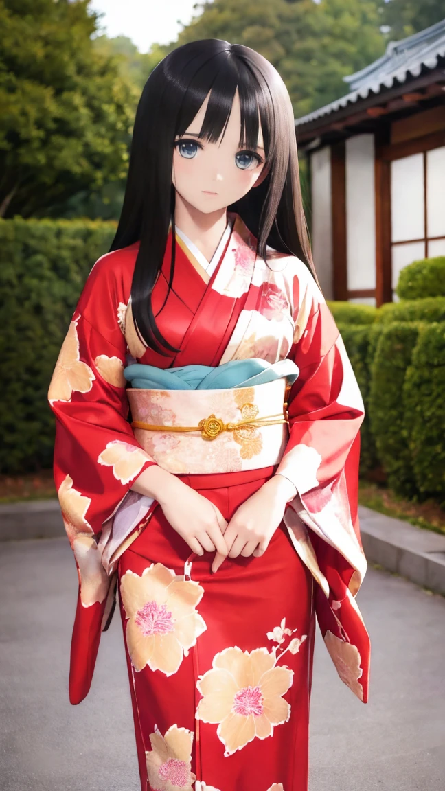 
4K,（highest quality）, excellent detail,masterpiece,anime, super high resolution,Closer look at the eyes, best illustrations, Highly condensed 1girl, （very delicate and cute face）,Chest is small,black hair，（（medium long hair））,,,（A red kimono with a floral pattern）,,,,,My age is ************,(Japanese-style house)，,（Set in a beautiful garden）,（Full body shot）
