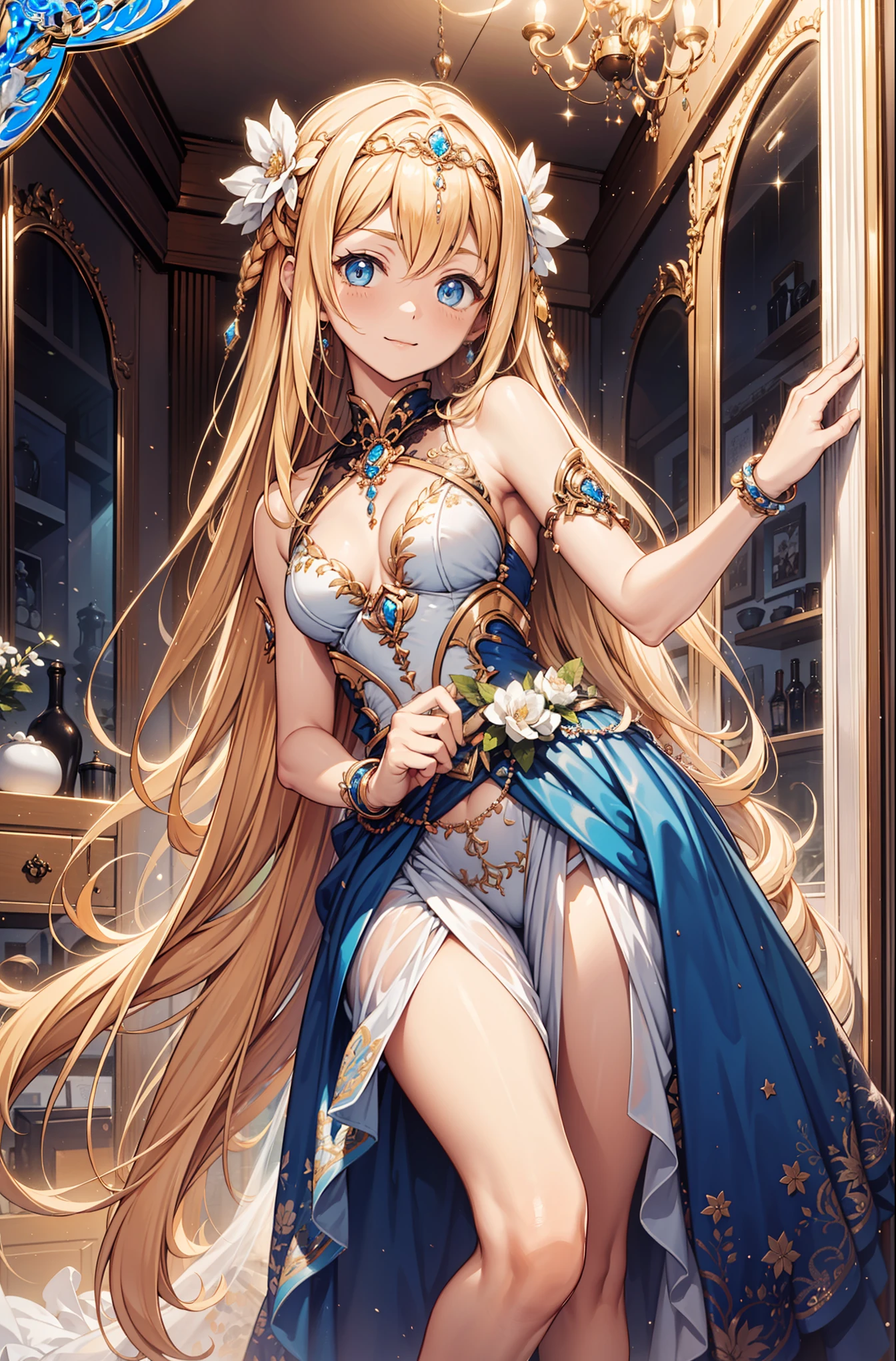 {{{{masterpiece}}}}, {{{super detailed}}}, {{{HD}}}, {{good anatomy}}, (((best quality))), ((Very delicate and beautiful)), {{Very detailed and refined}}, {8k CG wallpaper}, {{EnLightenment}}, (Divine Goddess Dress:1.2),Blonde,Blue Eyed Minimalism,Ruffles,Transparent lace,Beautiful accessories,Exquisite patterns,dress nicely,Mythical Crown,see through transparent clothes,A small amount of dark blue and white patterns,Beautiful and delicate face,Bedroom scene in western mythology,night,Light,night,the only person,(flowing skirt:1.1),seductive pose