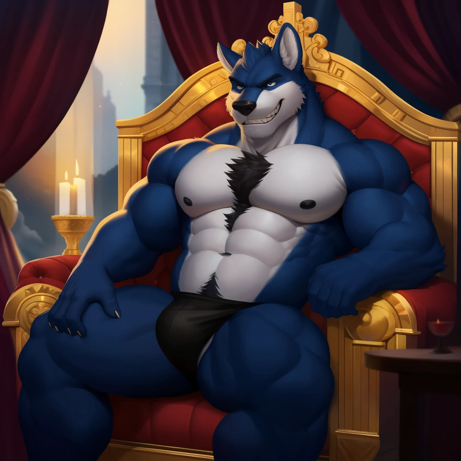 New lord, reclining on a plush velvet throne, puffy chest and bulging biceps with a slight smirk playing on his pussy-lipped face, 3D rendered in the highest quality, exuding an air of masculine confidence and power, detailed eyes filled with contempt or amusement, intricately textured fur covering his toned body, trending on ArtStation as a masterpiece, set against a dimly lit, dramatic backdrop of flickering candles and dark velvet curtains, a sly wink and a hint of a toothy grin, captivating the viewer's attention with every detail.