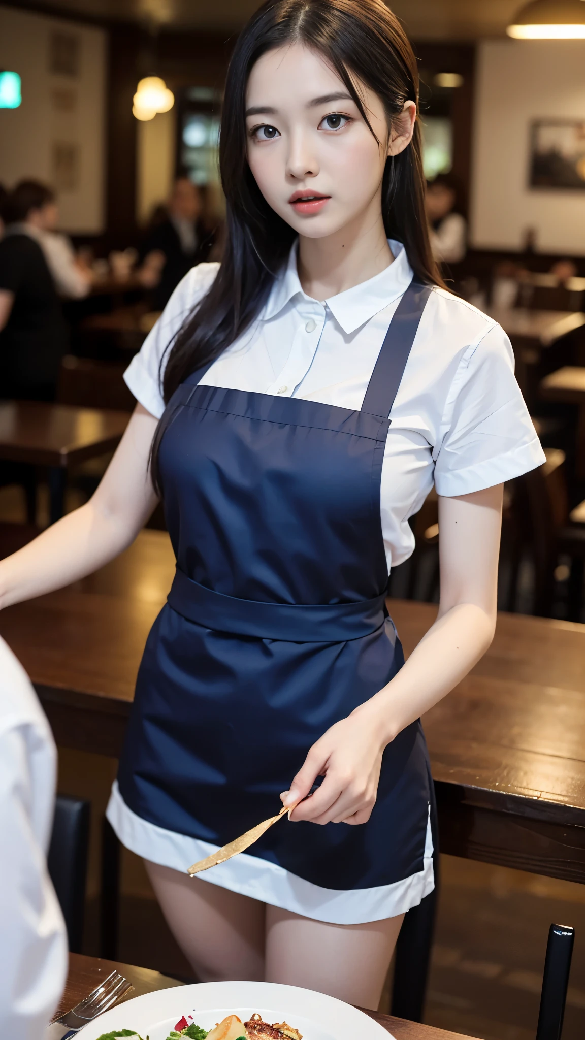 ((best quality, 8 thousand, masterpiece:1.4)), (20 year old woman), masterpiece, separated, Highres, High_quality, Large size_launch, small_face, absurdly_long_hair, german women, sag_chest, break the balance, stretching, mild_face, (a scene from a movie), (standing in the middle of the restaurant), (open_clothes:1.6), woman with blue eyes germany, German woman, ((waiter short uniform)), her job is a waiter, cute waiter, (Tied up hair), blue eyes, orange hair, (surprised expression),