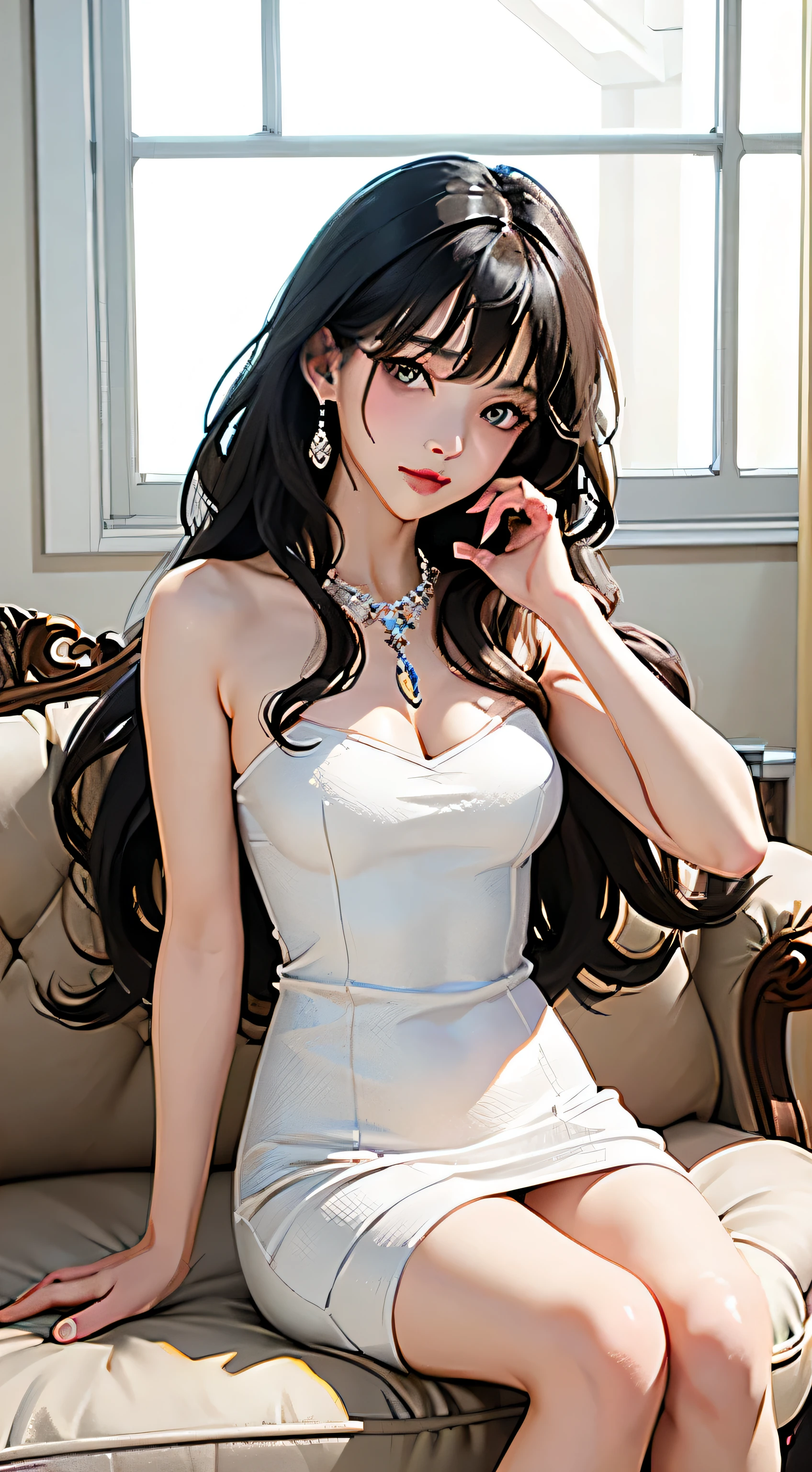 8k, masterpiece, exquisite 、extremely detailed 、ultra highres 、ultra quality 、1 girl, beautiful face,Top quality An illustration、An illustration、anime woman、No exposure、（Non-rev�ve clothing:2.0）、detailed face、bad woman、Beautiful and seductive eyes、long eyelashes、thick lips、japanese woman、small breasts、 white skin, very long hair, light makeup, detailed eyes,cabaray, detailed lips, small breasts tight,  very detailed dress, princess dress,  (wearing jewellery:1.5), long curly hair、Bad Girl、Dark、wet lips、cabaret woman、sitting on the sofa、gorgeous、A confident look