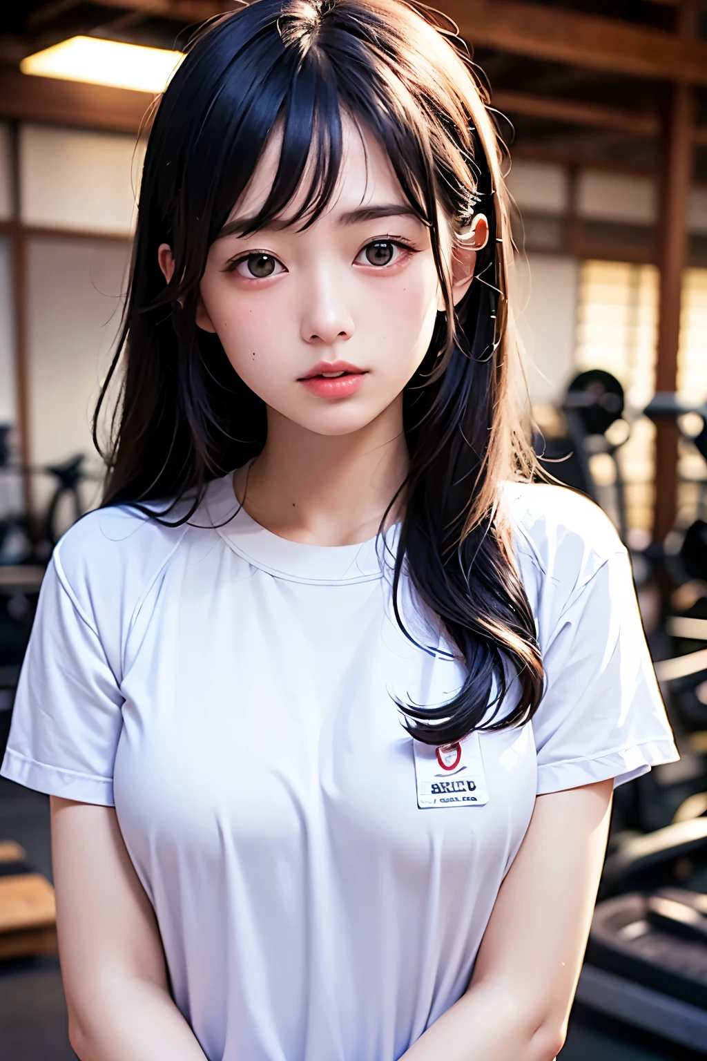 (1 nogizaka girl,teenager,raw photo,photo realistic:1.5),(best quality, high quality,HDR, highest quality,ultra high resolution,high resolution,high res,ultra high difinition,huge file size,8K,2K wallpaper,8K wallpaper,high quality texture,amazing,an extremely delicate:1.4),one girl, Japanese famous idol,beautiful face,small face,absurd,ridiculous,incredibly ridiculous,portrait,breasts close up,blurry background,(no makeup,gym uniform:1.2),medium skin,beautiful skin,detailed skin,small head,black hair,silky hair,(Japanese eyes:1.3),detailed eyes,black eyes,Japanese idol eyes,Japanese nose,5-fingers,(eyebrow:-0.5),(Light Particles, Lens Flare, Luminous Particles: 0.7),looking at viewer,bright lighting,professional lighting,girl