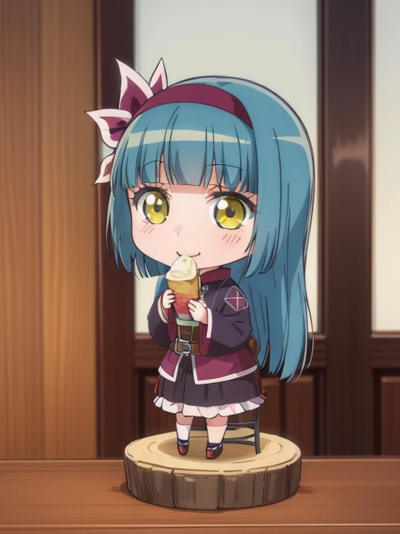 Chibichara long blue hair((chibi character))、charming smile、fluffy、with a girl、chibi character、Eating lunch、Friends of the Forest、Full body Esbian、pastel colored hair、table top、highest quality、