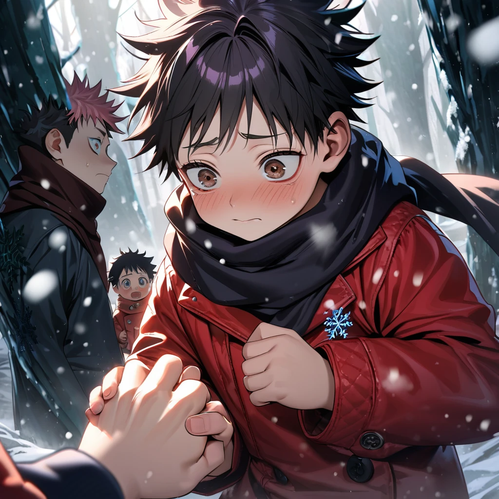 Ultra detailed, Highres, absurdres, HDR, Choso as a , black hair, dark purple eyes, Itadori Yuuji as a little kidr, brown eyes, Jujutsu Kaisen, snowing, 2 kids holding hands, snowflakes, ice forest, cute, red winter jacket, black scarf, sad expression,